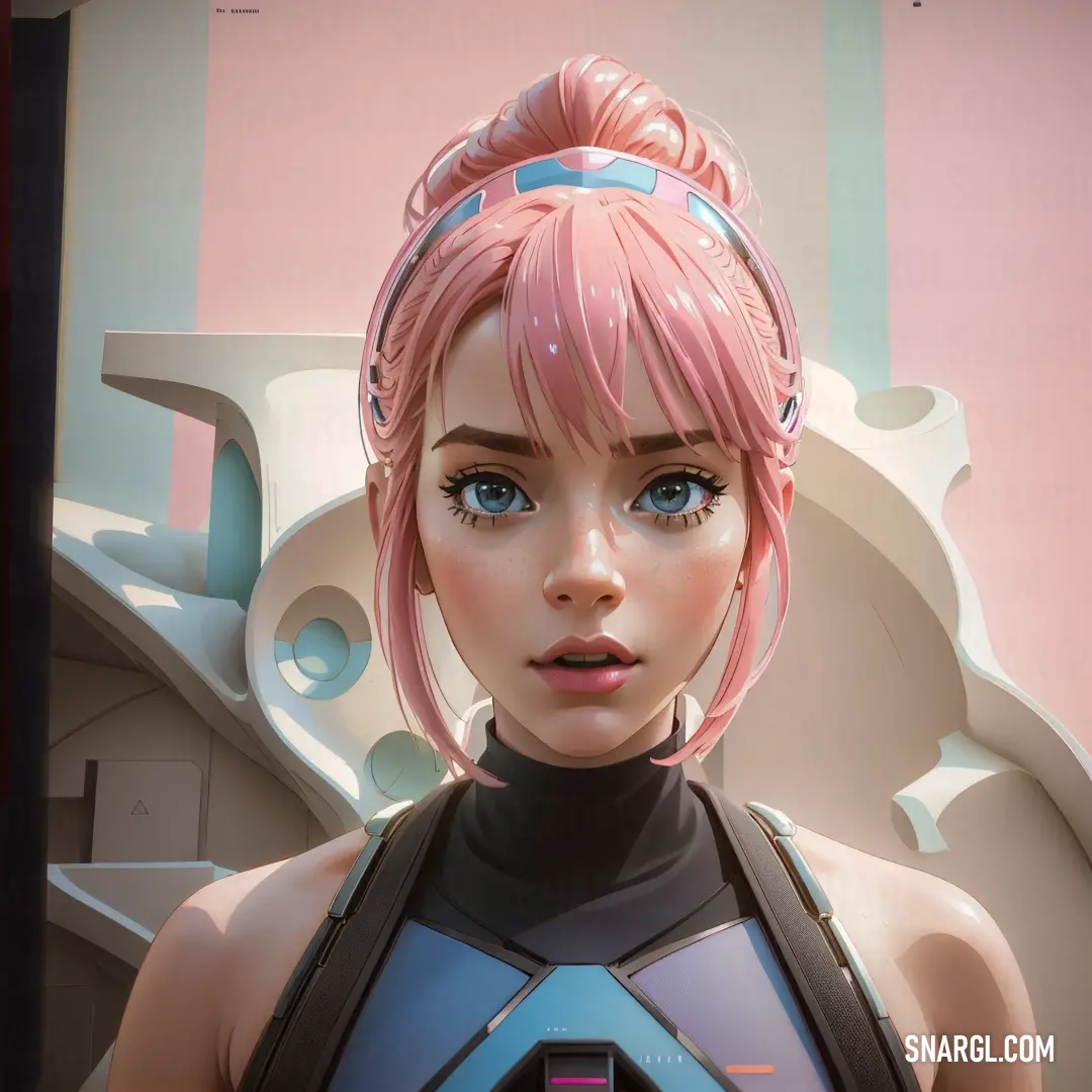Woman with pink hair and a futuristic outfit standing in front of a pink wall