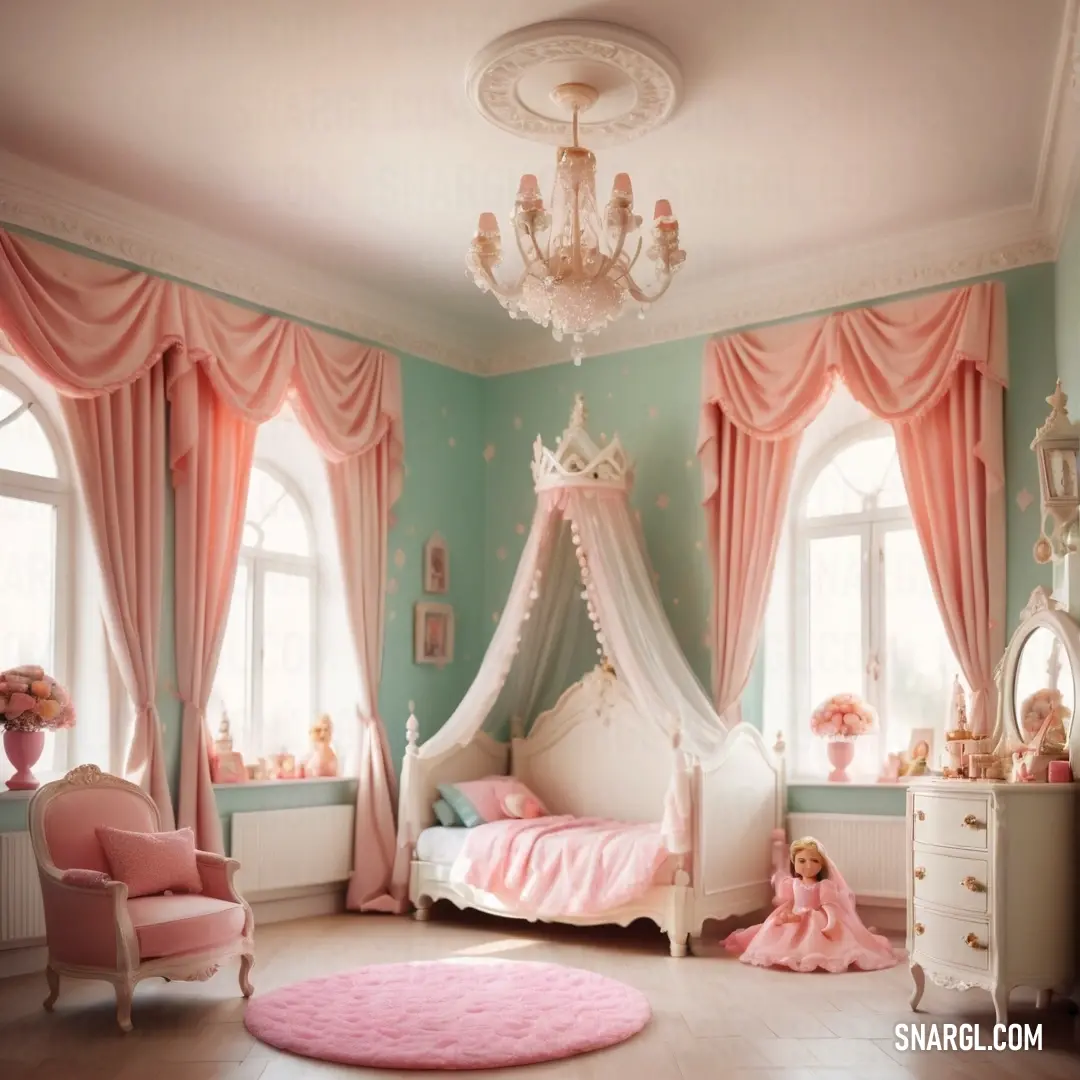 Bedroom with a pink rug and a white bed with a canopy and a pink rug on the floor. Color Pink-Orange.