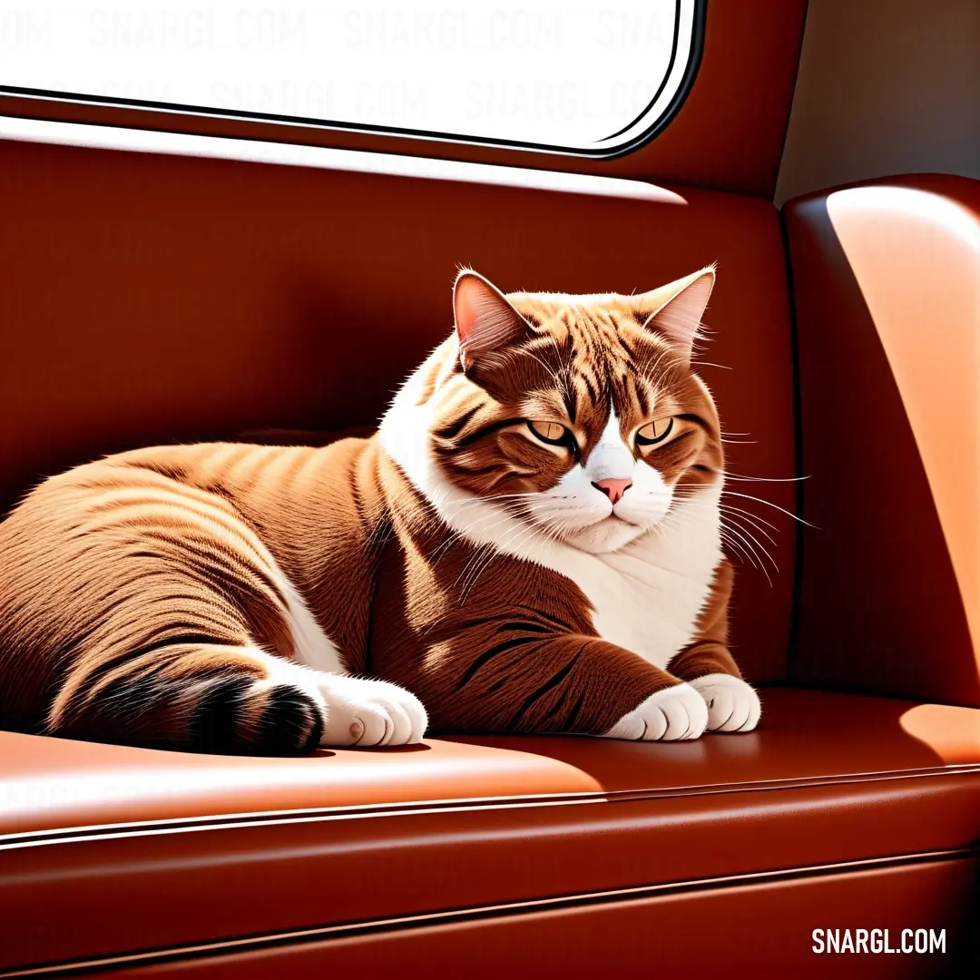 Pink-Orange color. Cat on a seat of a car looking out the window of the vehicle window