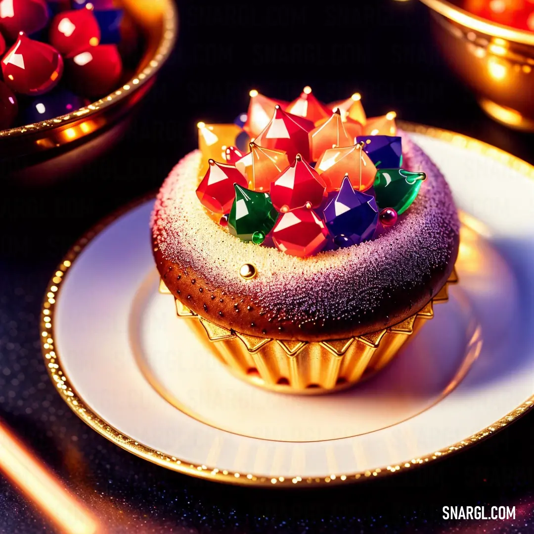 Cupcake with colorful decorations on a plate next to other cupcakes on a table with gold trim