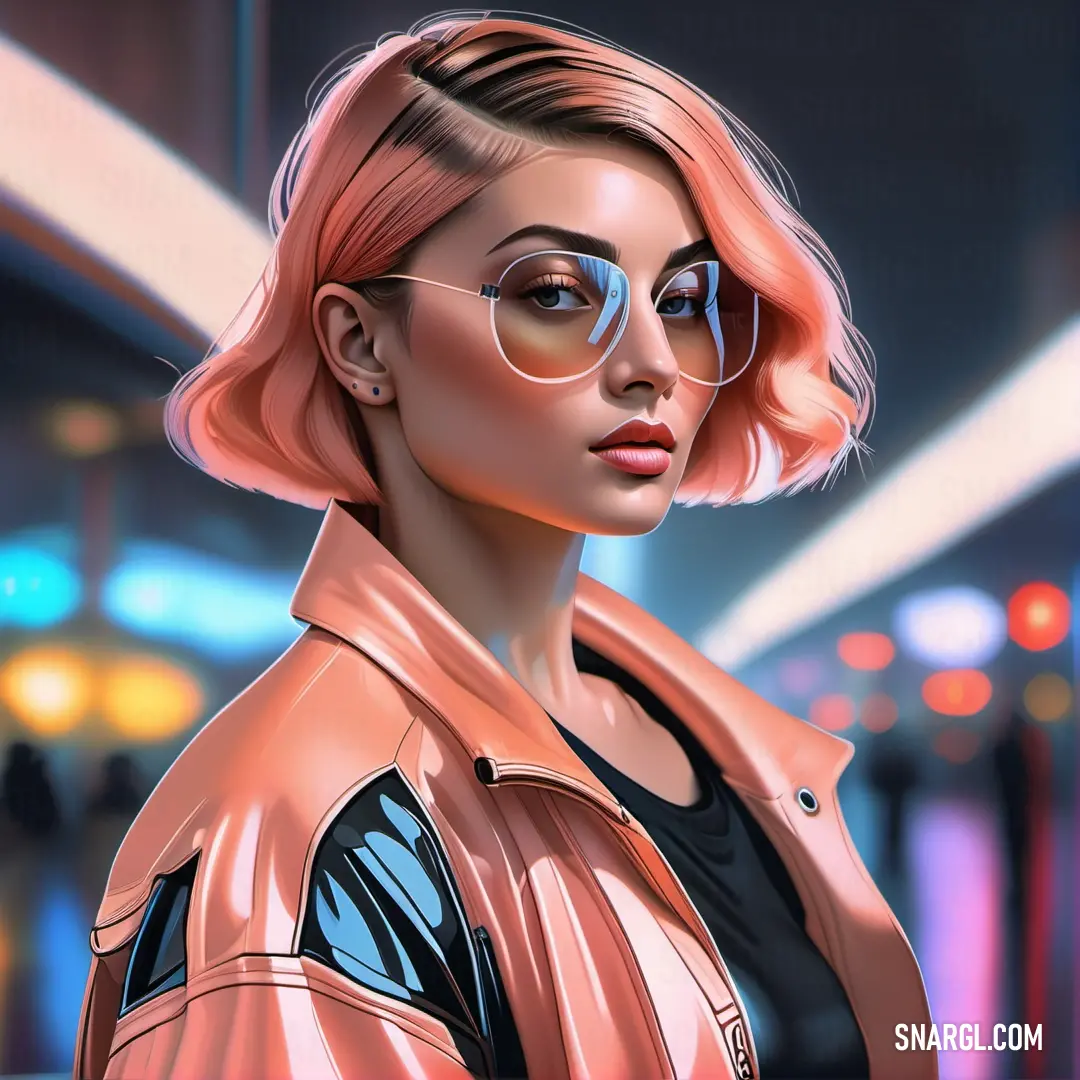 Digital painting of a woman wearing sunglasses and a leather jacket with a neon background