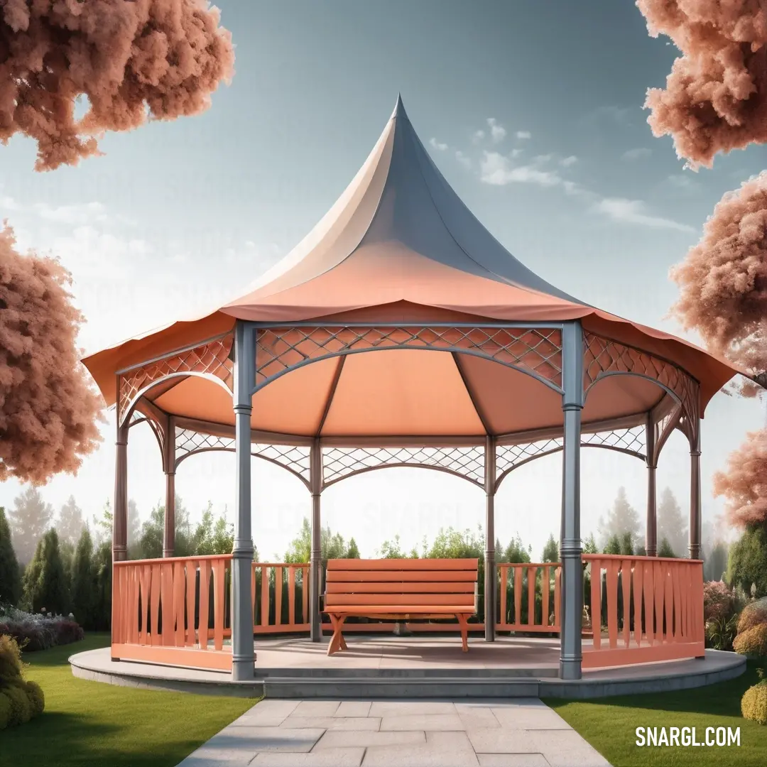 Gazebo with a bench in the middle of it. Color CMYK 0,44,60,0.