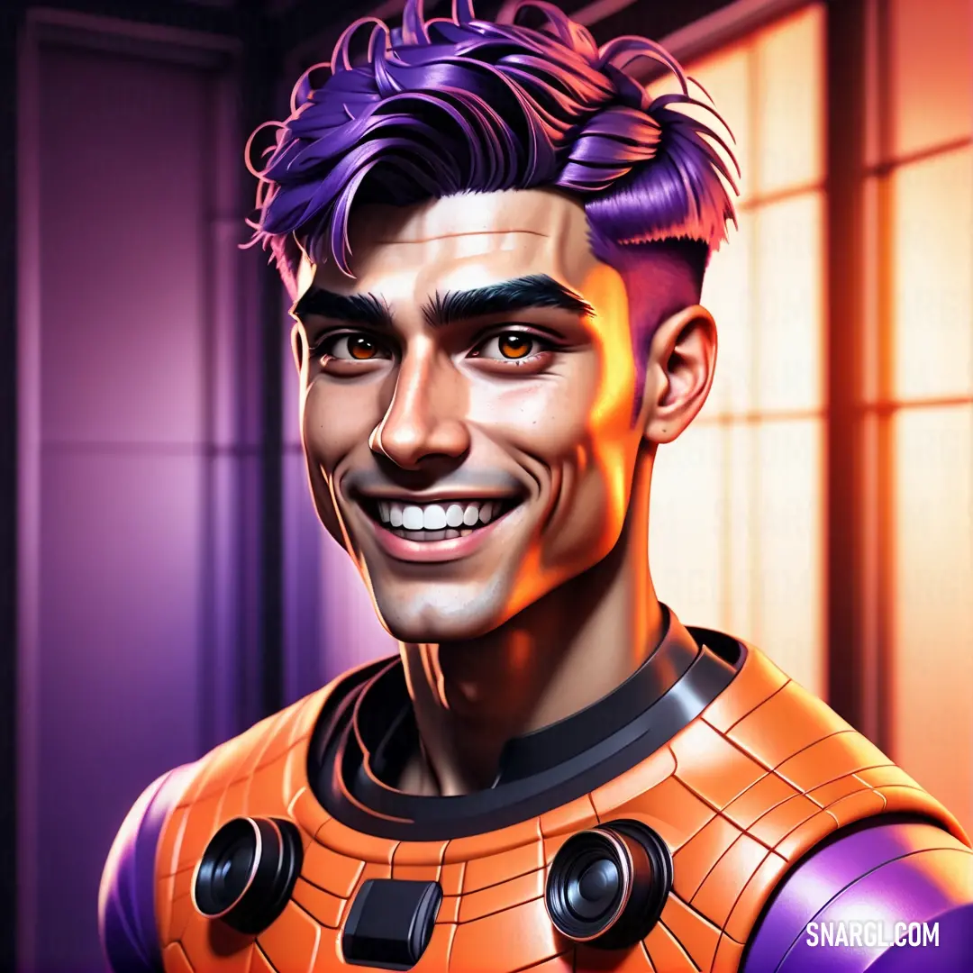Man in a space suit with a smile on his face and a purple haircut on his face. Color RGB 255,144,102.