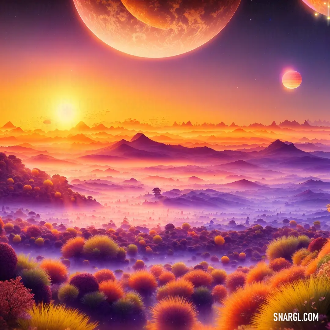 Painting of a landscape with mountains and planets in the background
