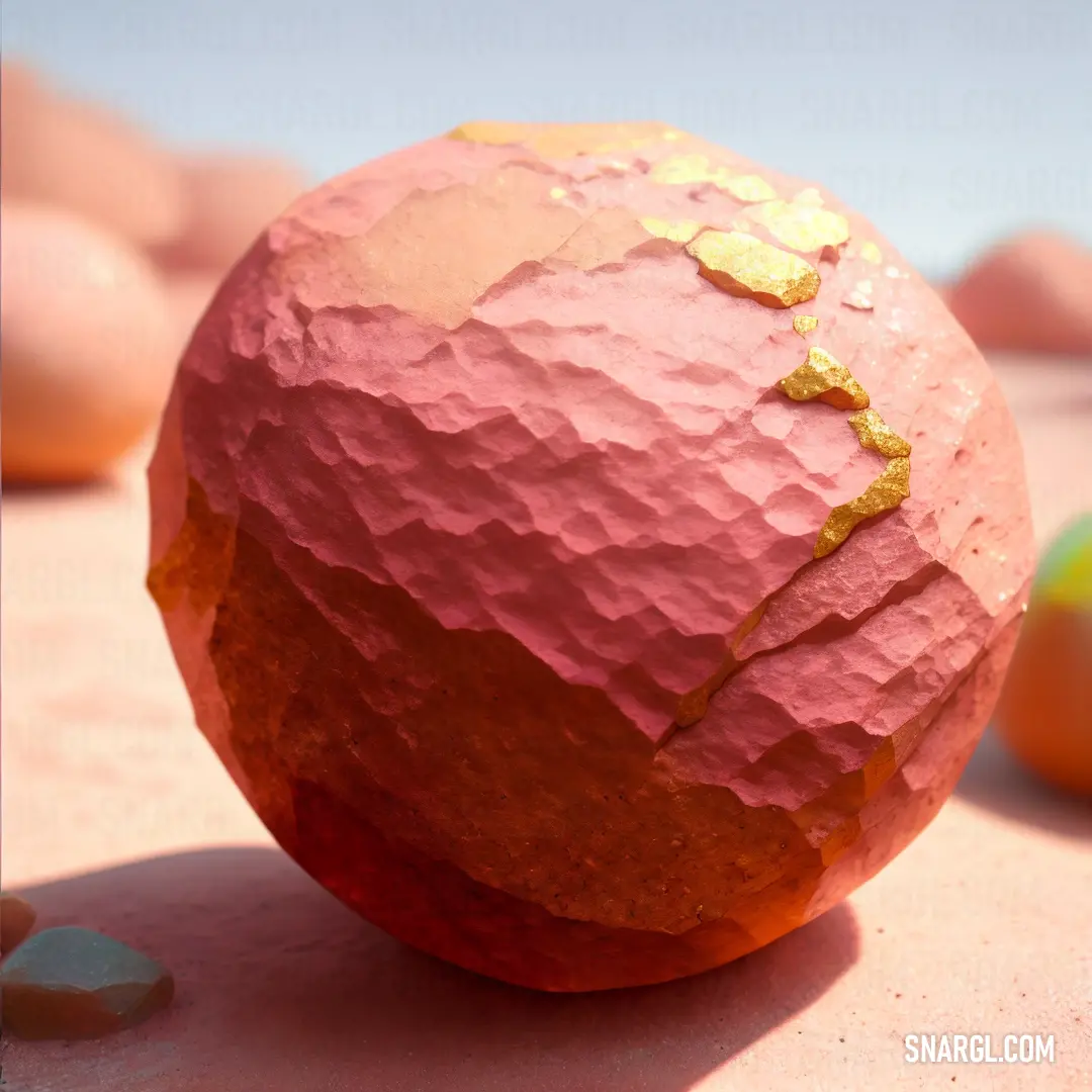 Pink ball with gold foil on it on a table next to other colorful balls of plasticine