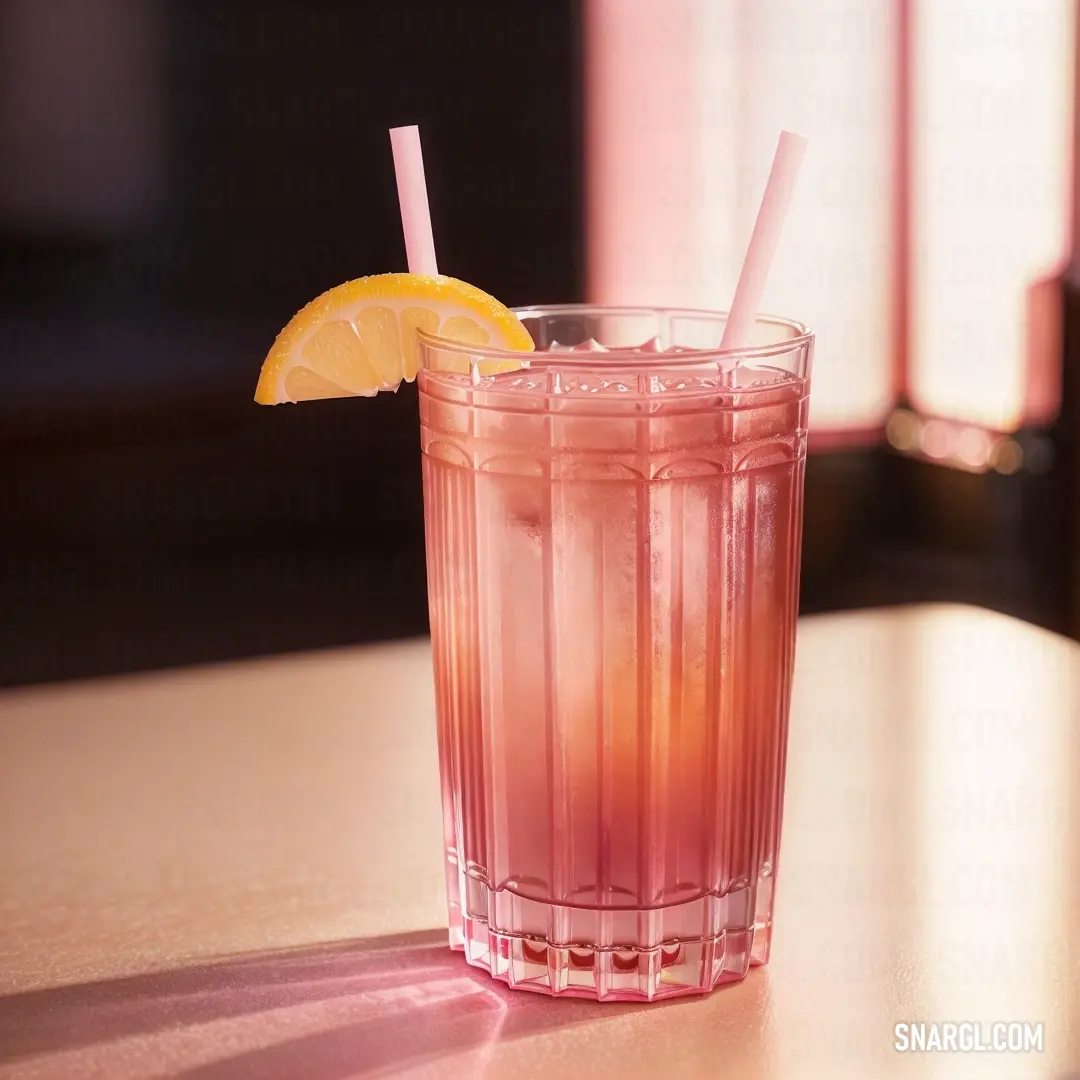 Pink drink with a lemon wedge on the rim and a straw in the cup with a straw sticking out of it. Example of RGB 255,144,102 color.