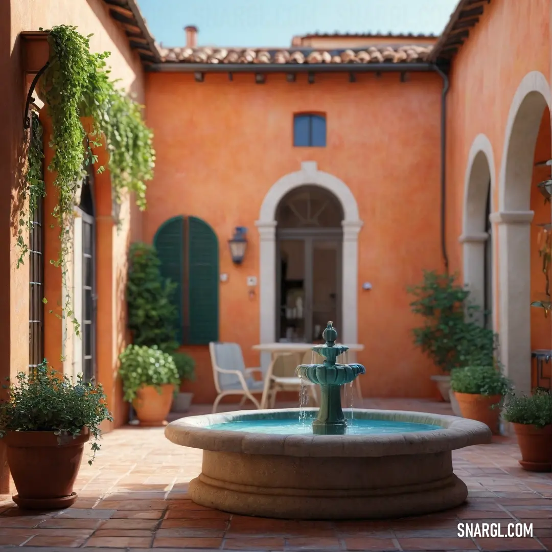 Pink-Orange color. Fountain in a courtyard with potted plants and a patio in the background