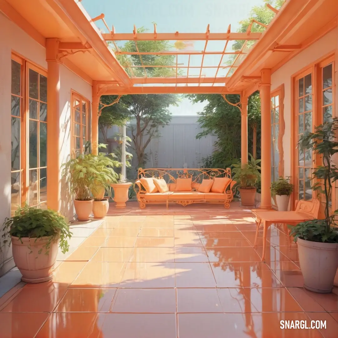 Patio with a couch and potted plants on the floor and a glass roof over it with a sun light. Color #FF9066.
