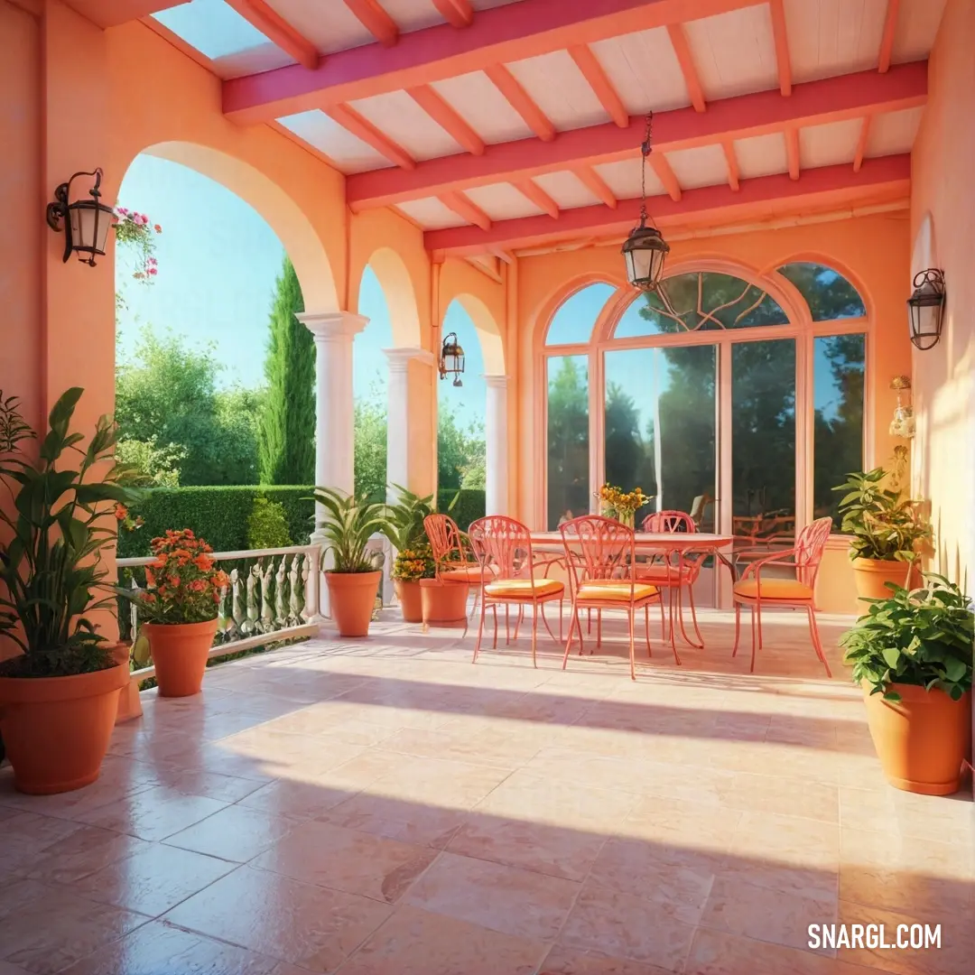 Pink-Orange color. Patio with a table and chairs and potted plants on the side of it