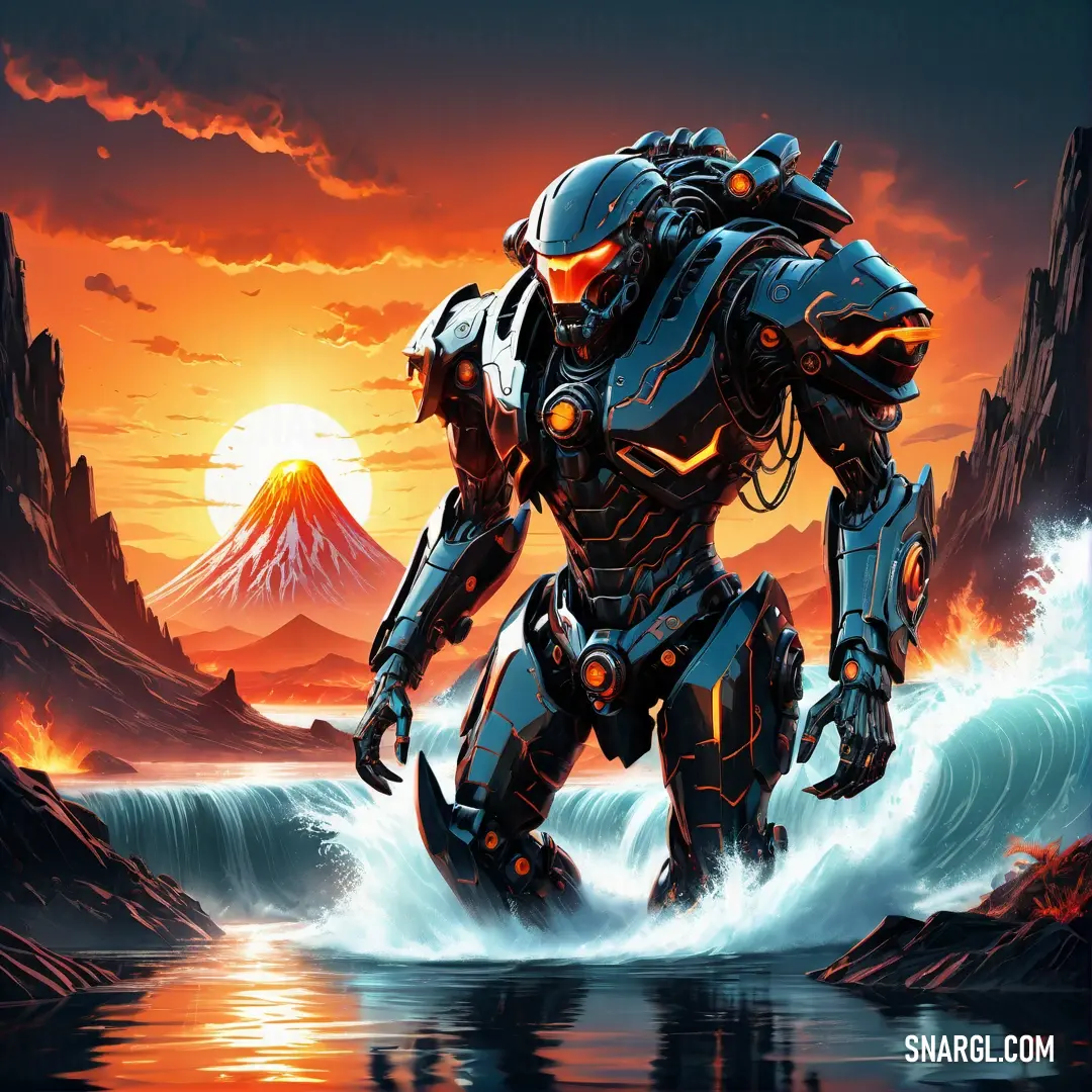 Robot standing in the water with a mountain in the background