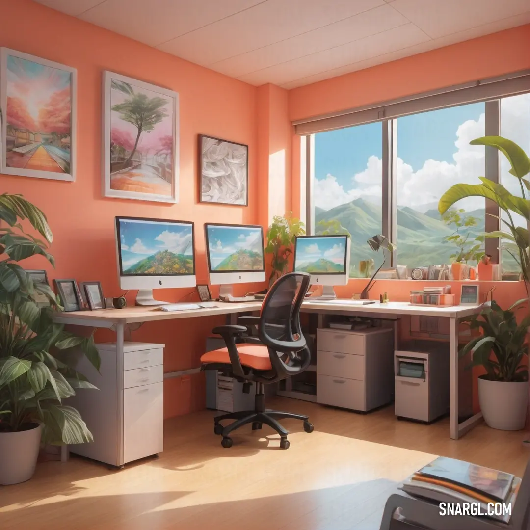 Room with a desk, computer and a plant in it and a window with a mountain view. Example of CMYK 0,44,60,0 color.