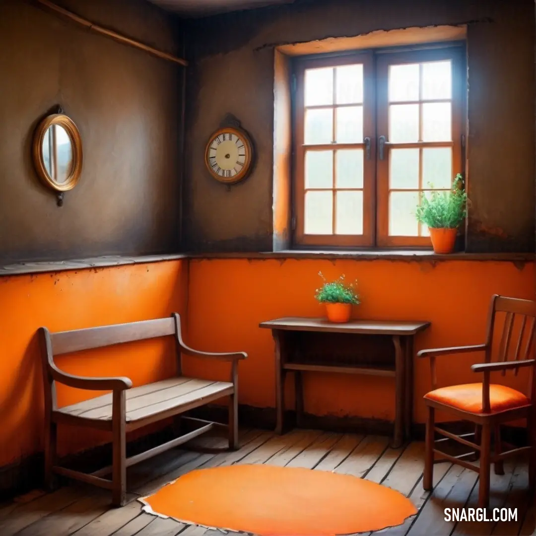 Pink-Orange color. Room with a table, chairs