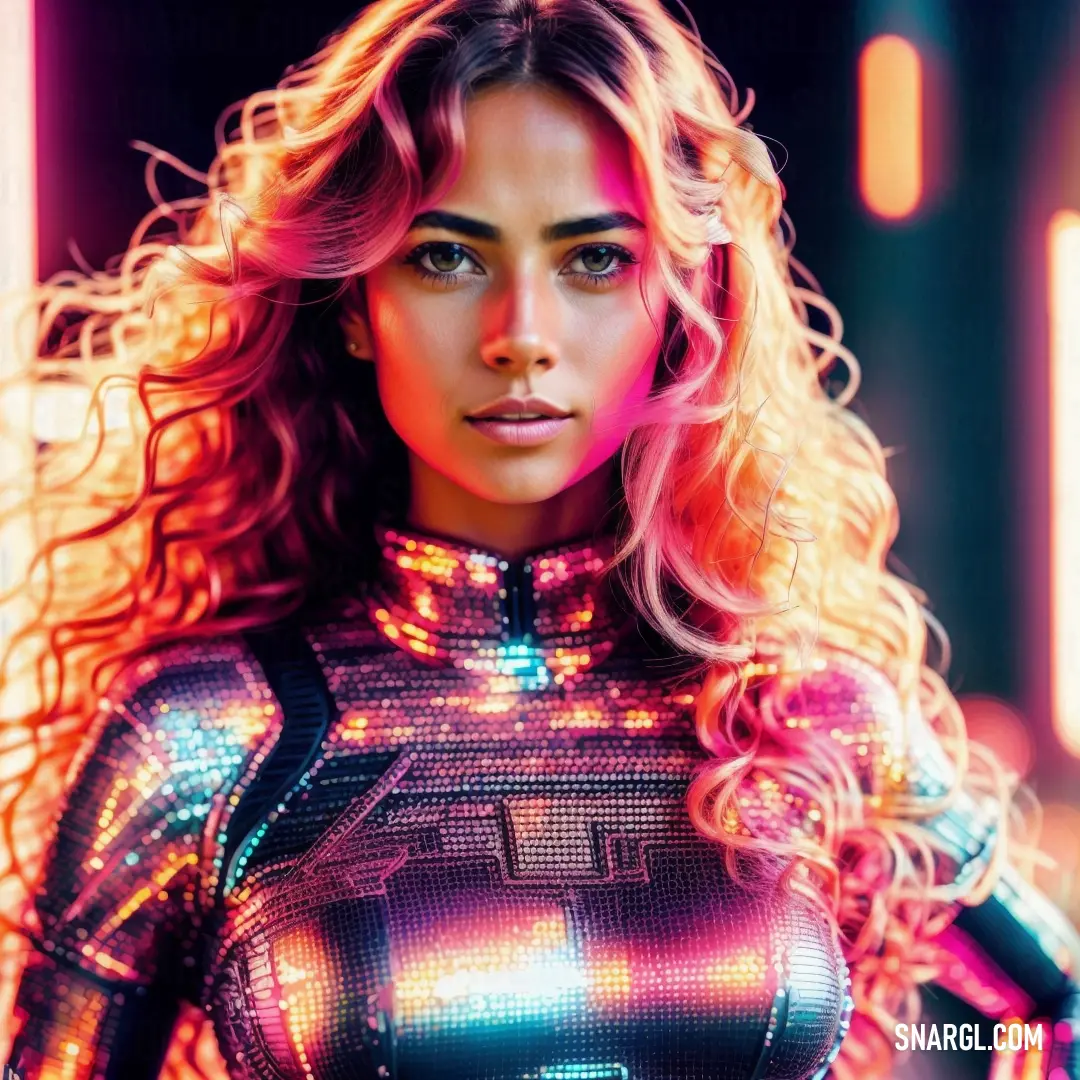 Woman with long blonde hair and a futuristic suit on