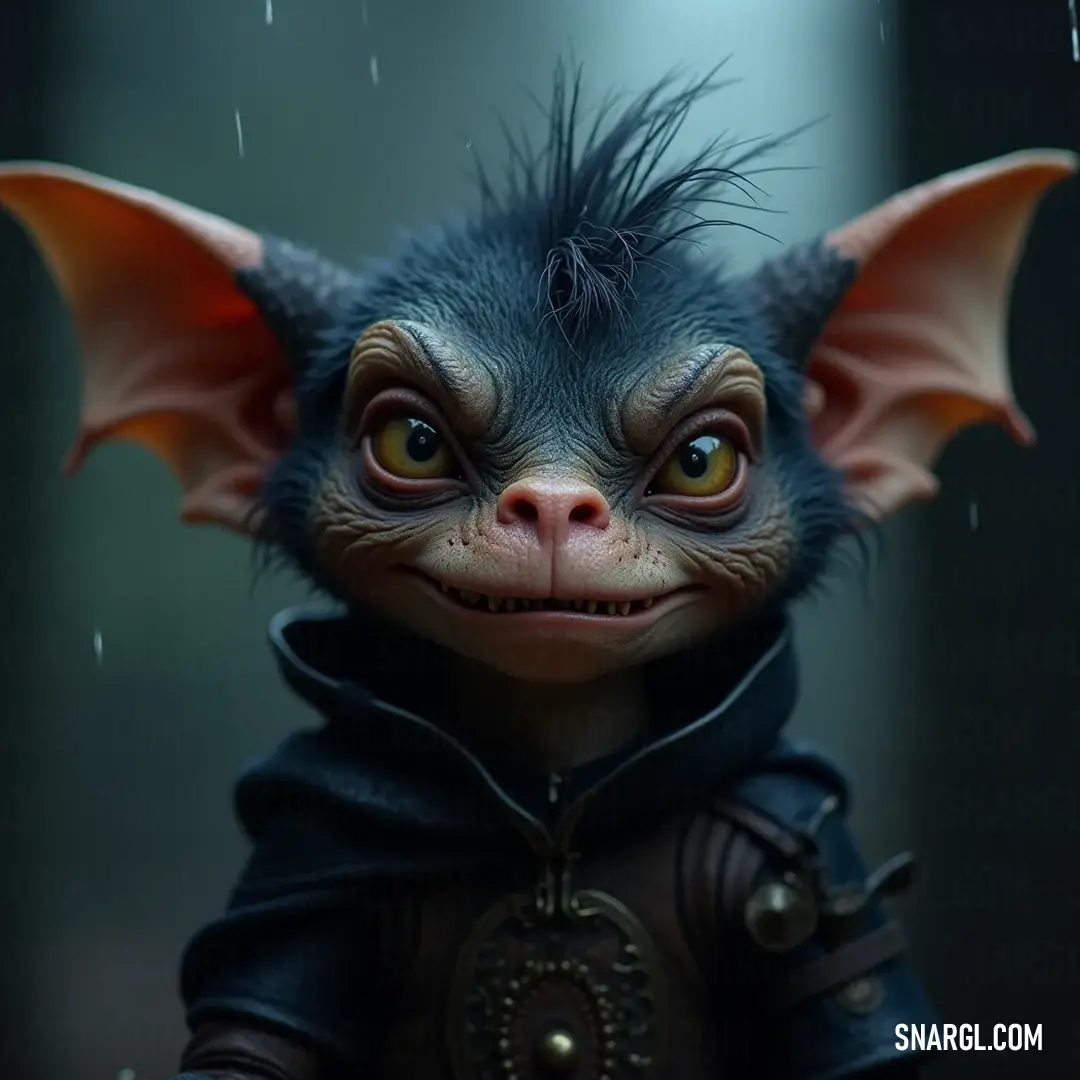 An enchanting close-up of a small Pip with distinct bat-like features, radiating charm and intrigue. A close-up reveals a small Pip with a unique bat-like head and ears, staring wide-eyed with intrigue. The intricate details of its features highlight a blend of charm and mystery, drawing viewers into this enchanting creature's world.