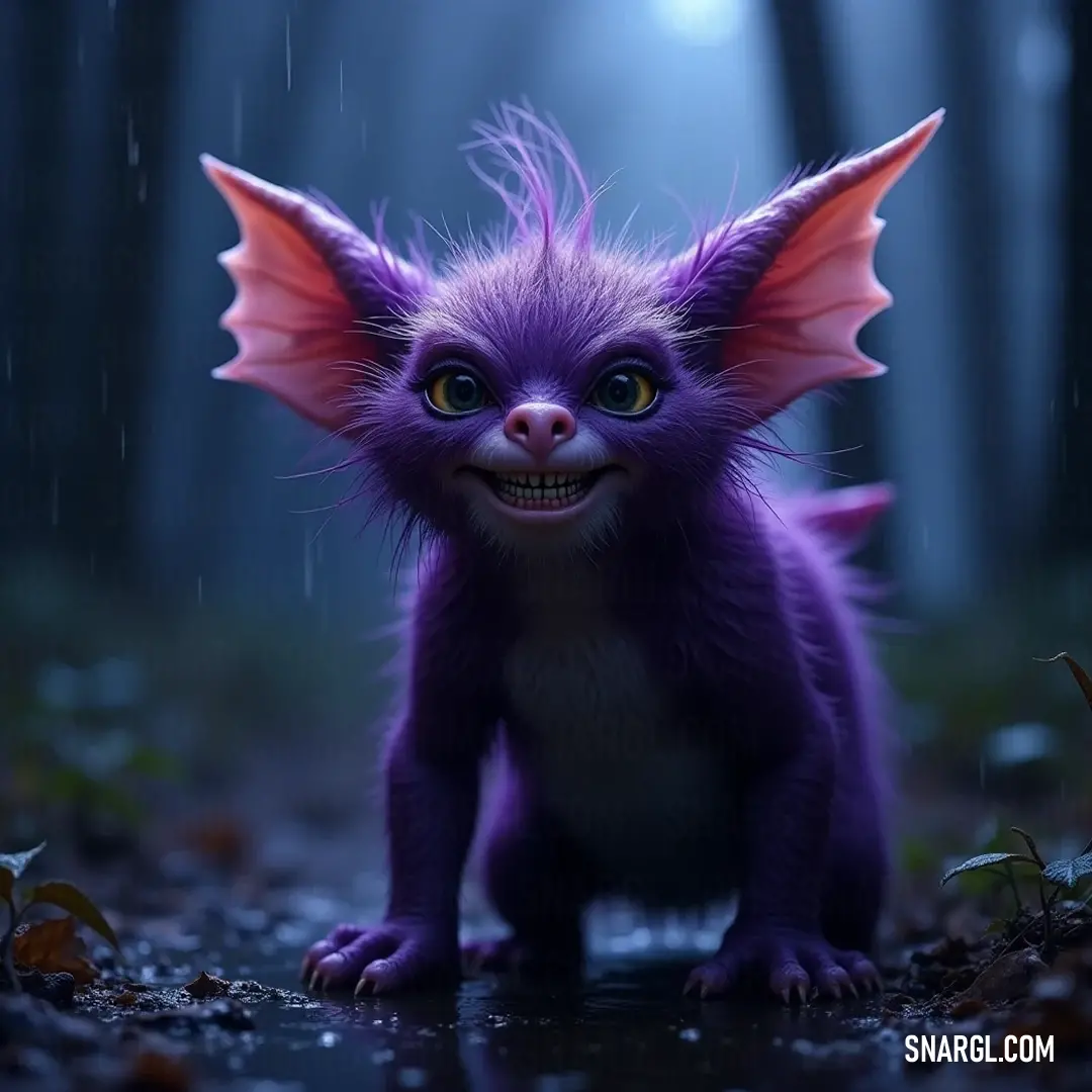 A playful Purple Pip with a distinctive red wing, showcasing its enchanting features and lively personality. A vibrant purple creature known as a Pip, adorned with a striking red wing perched atop its head, exuding a whimsical charm with its expressive eyes that glint with curiosity and mischief.