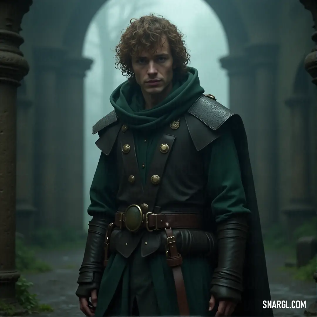 Pippin Took stands in a lush forest, cloaked in green, with nature all around him, ready for an adventure that lies hidden in the woods. Pippin Took, dressed in a green outfit, stands in a lush forest with a green cloak covering his head. The forest around him is alive with vibrant greenery, creating an atmosphere of adventure and discovery.