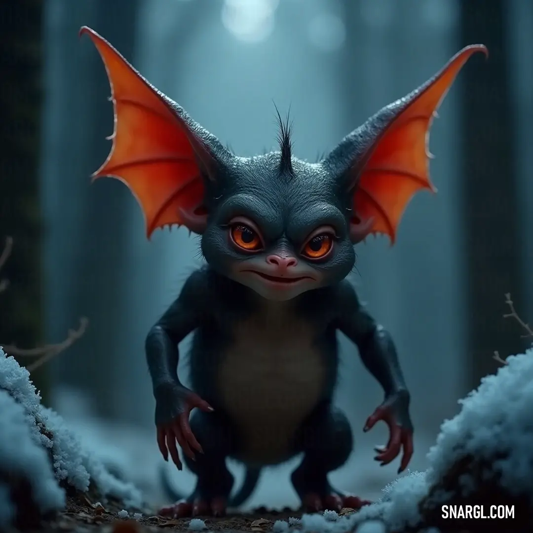 A small Pipsqueak with enchanting orange eyes and a prominent nose navigates a pristine winter forest, where the snow-covered ground and towering trees craft a picturesque snowy haven. In a serene winter landscape, a small Pipsqueak with vibrant orange eyes and a distinctive nose observes its surroundings, surrounded by snow-laden trees that add a touch of magic to the woodland scene.