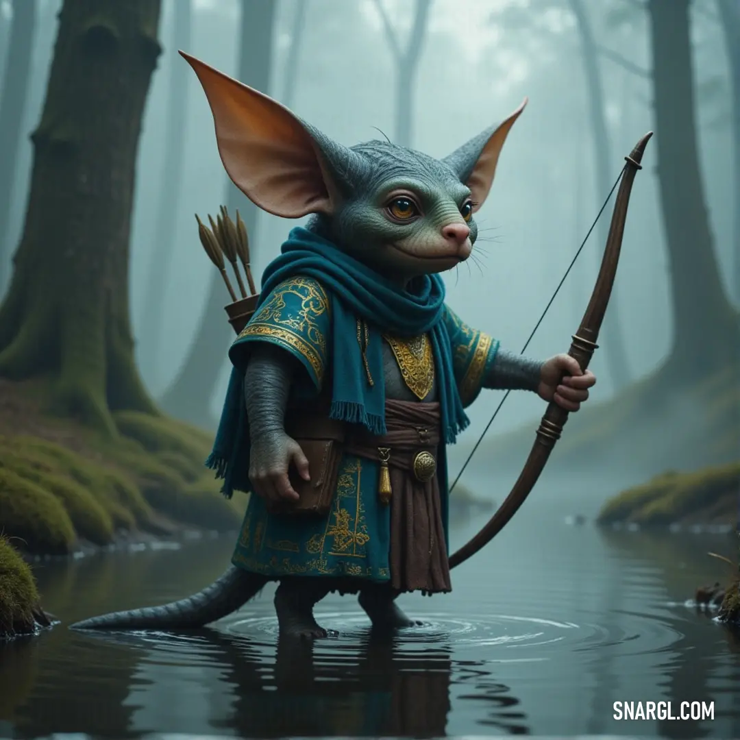 Pipsqueak, bow in hand, stands in a foggy forest, preparing for the unseen dangers that lie in the mist-covered woods. Pipsqueak, with a bow and arrow, stands in a foggy forest, where the mist dances around the trees. His focus is sharp, his stance ready to face whatever the unknown forest holds in the shadows.