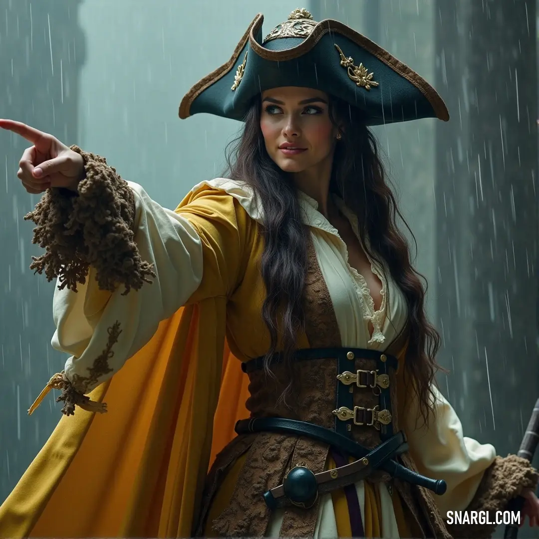 A bold pirate queen, dressed in a vibrant pirate outfit and a yellow cape, points with authority, commanding the attention of all around her. A pirate queen in a flamboyant pirate costume, complete with a yellow cape, pointing dramatically with one finger while wearing a stylish hat, exuding confidence and power.