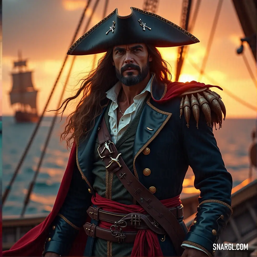 A pirate king stands proudly on his ship's deck, with the fiery sunset sky illuminating the vast ocean around him. A pirate king, dressed in a regal pirate costume, stands at the helm of a ship as it cuts through the waves under a fiery sunset sky. The ocean stretches endlessly behind him, casting an amber glow on the scene.