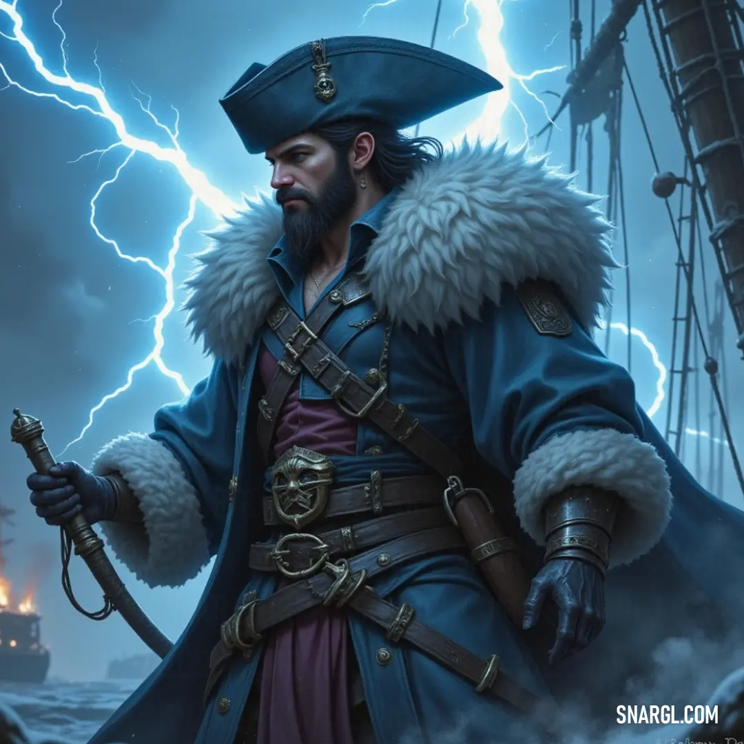 A thrilling depiction of the formidable Pirate King, sword in hand, set against a dramatic sky punctuated by flashes of lightning, evoking a sense of danger and command. The fearsome Pirate King, clad in a rugged pirate costume, brandishes his sword boldly while lightning illuminates the stormy sky behind him, striking terror into the hearts of his foes.