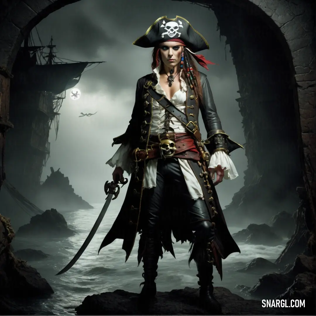 Pirate dressed in pirate clothing standing in a tunnel with a sword and a pirate hat on his head