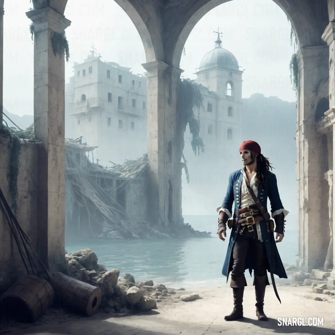 Pirate in a pirate costume standing in a ruined building with a sword in his hand