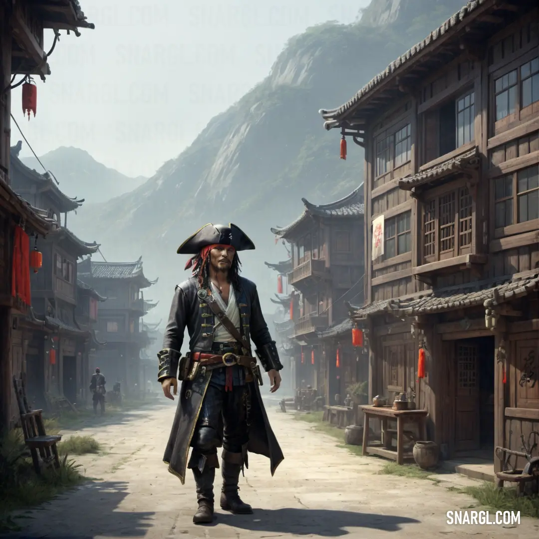 Pirate in a pirate costume walking down a street in a village with mountains in the background