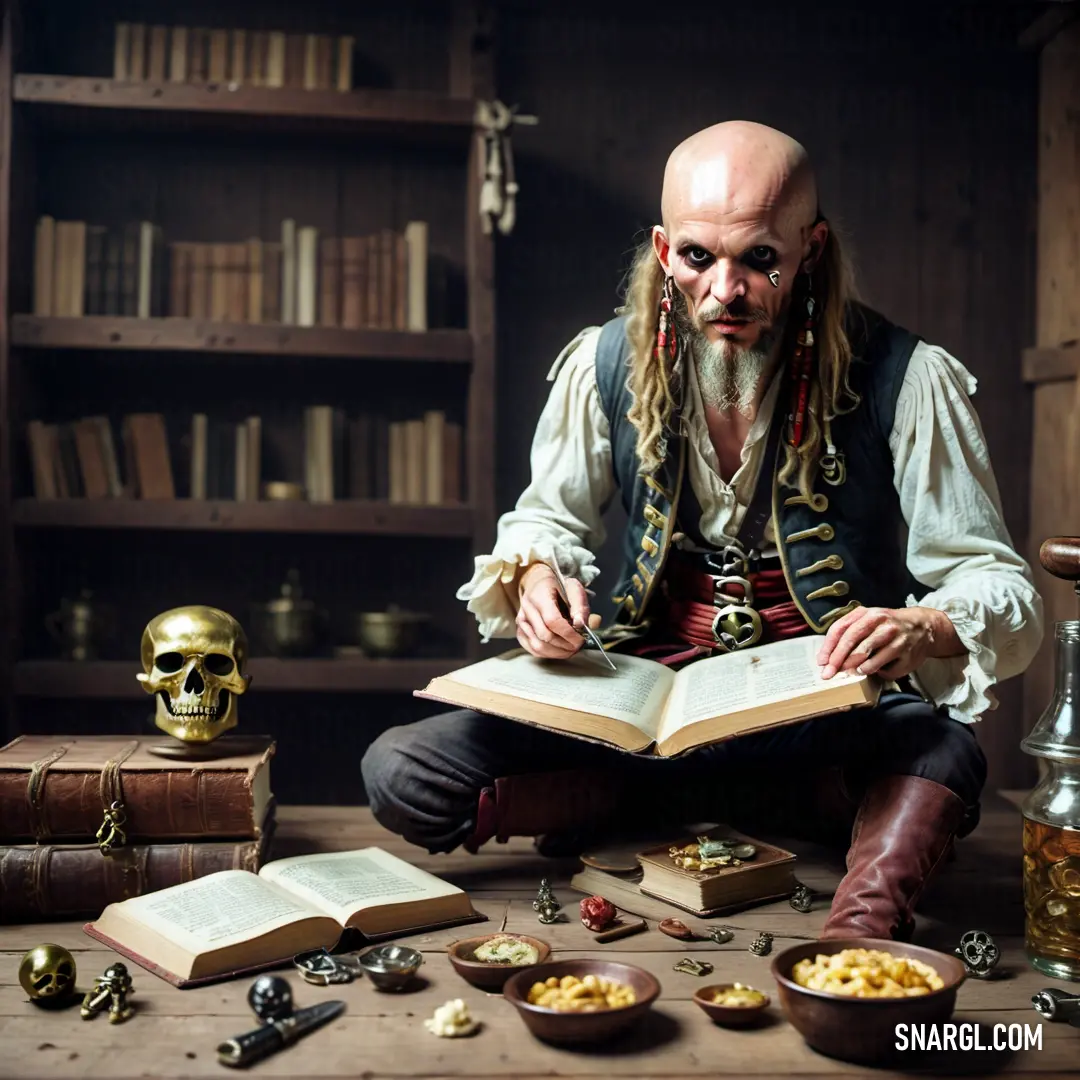 Pirate in a pirate costume is reading a book and eating cereals on a table with a skull