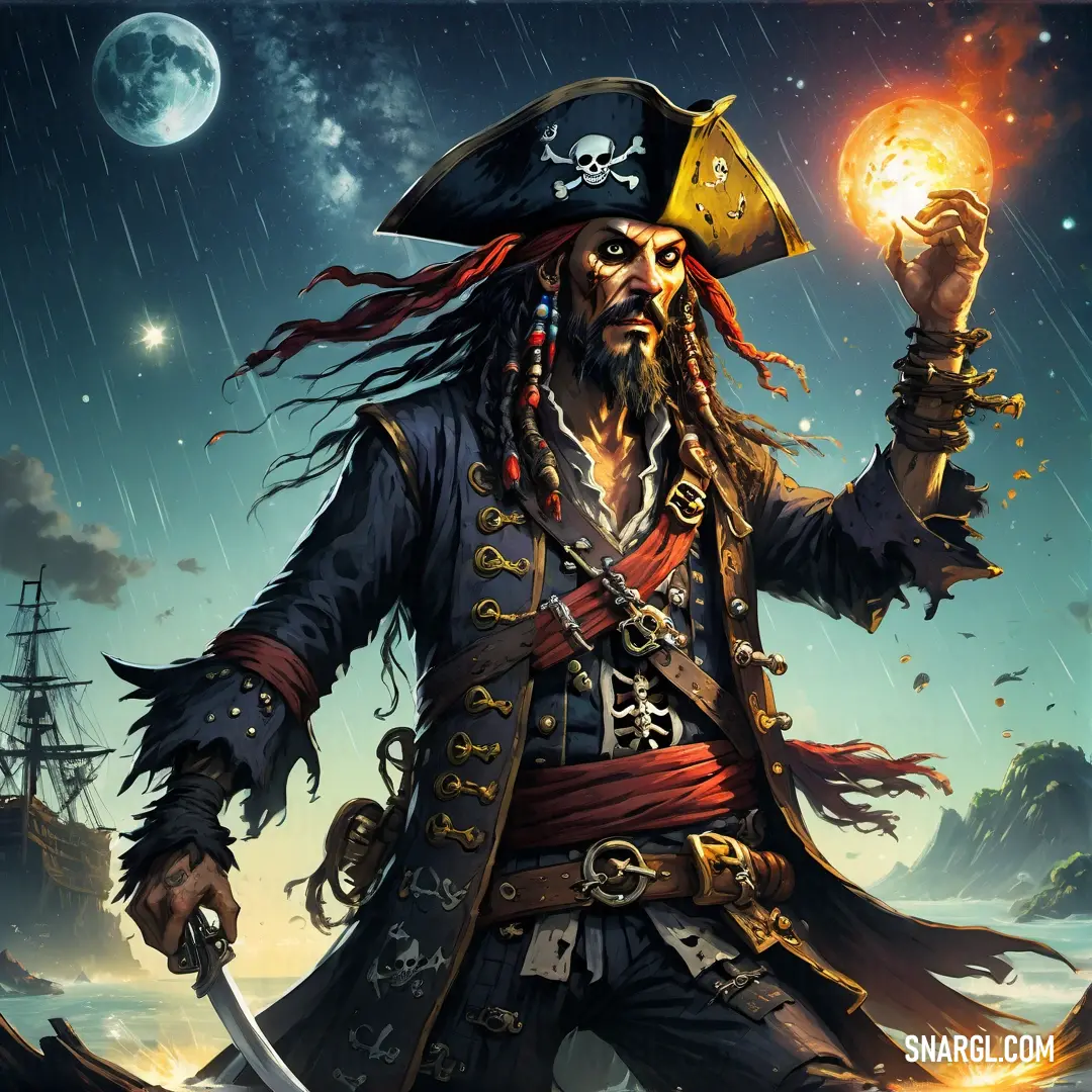 Pirate holding a glowing ball and a sword in his hand while standing in the rain with a full moon behind him