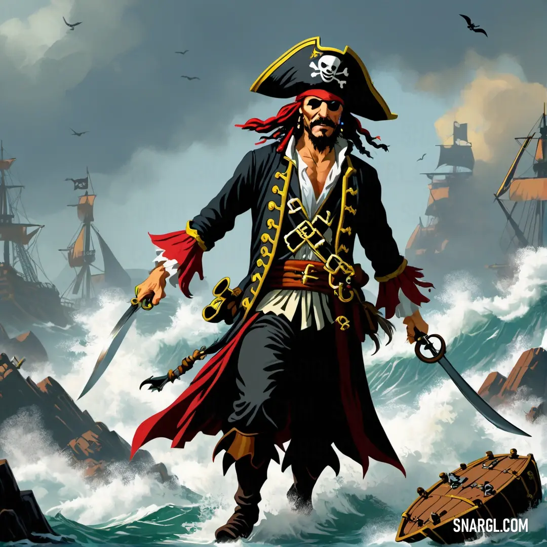 Pirate in a red hat and black coat with a sword and a boat in the water and a Pirate flying overhead