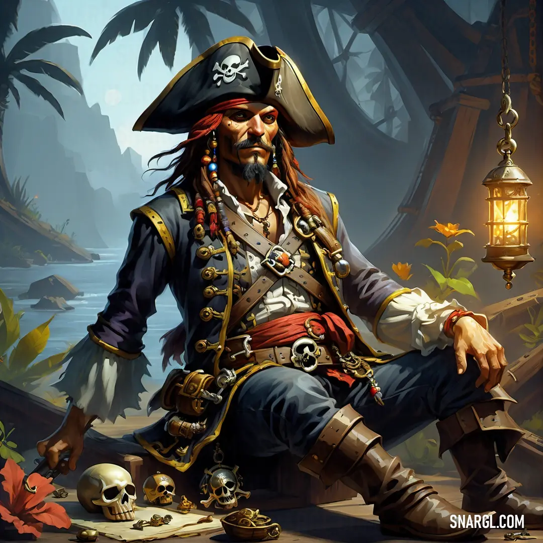 Pirate on a bench with a lantern and a skull in his hand