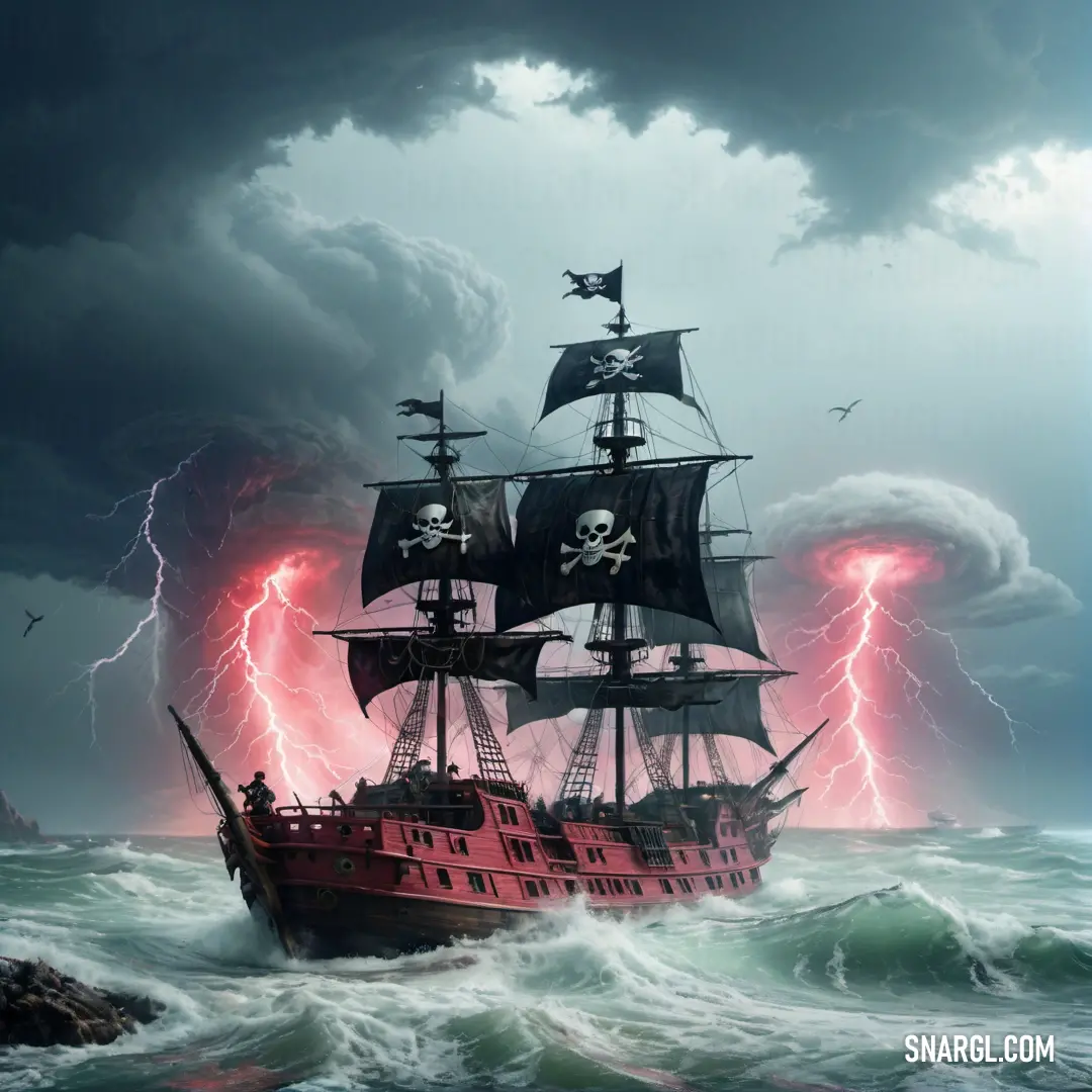 Pirate ship in the ocean with a lightning storm behind it and a ship in the foreground with a skull on it