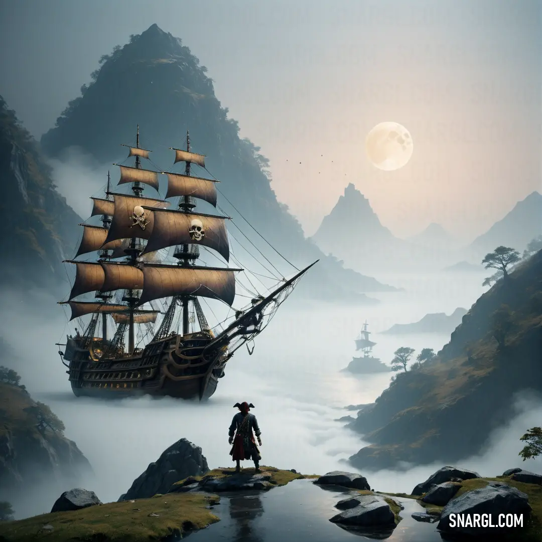 Pirate ship sailing through a foggy sea with a male Pirate standing on a rock in front of it