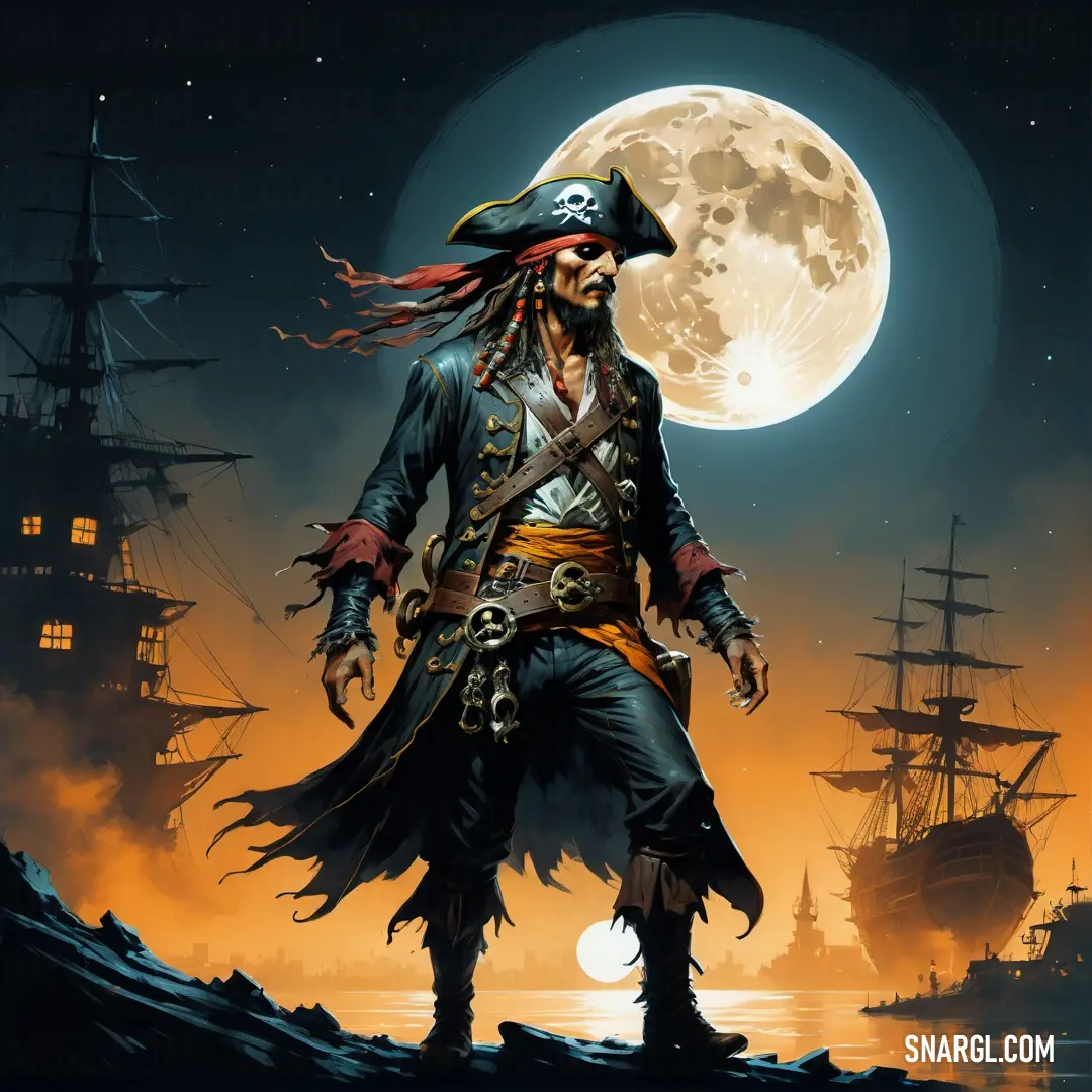 Pirate standing on a hill with a full moon in the background