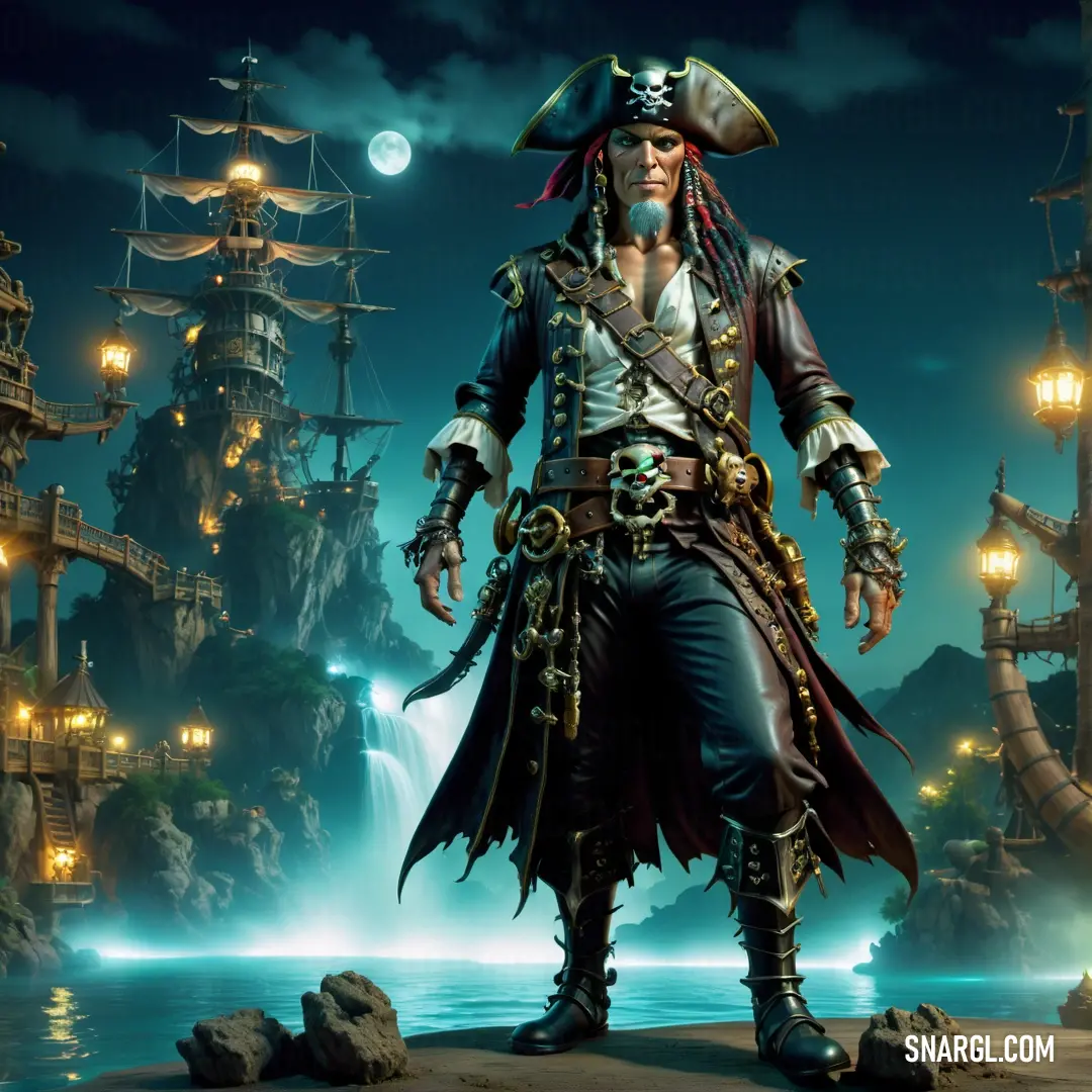 Pirate standing on a rock in front of a pirate ship at night with a full moon in the sky