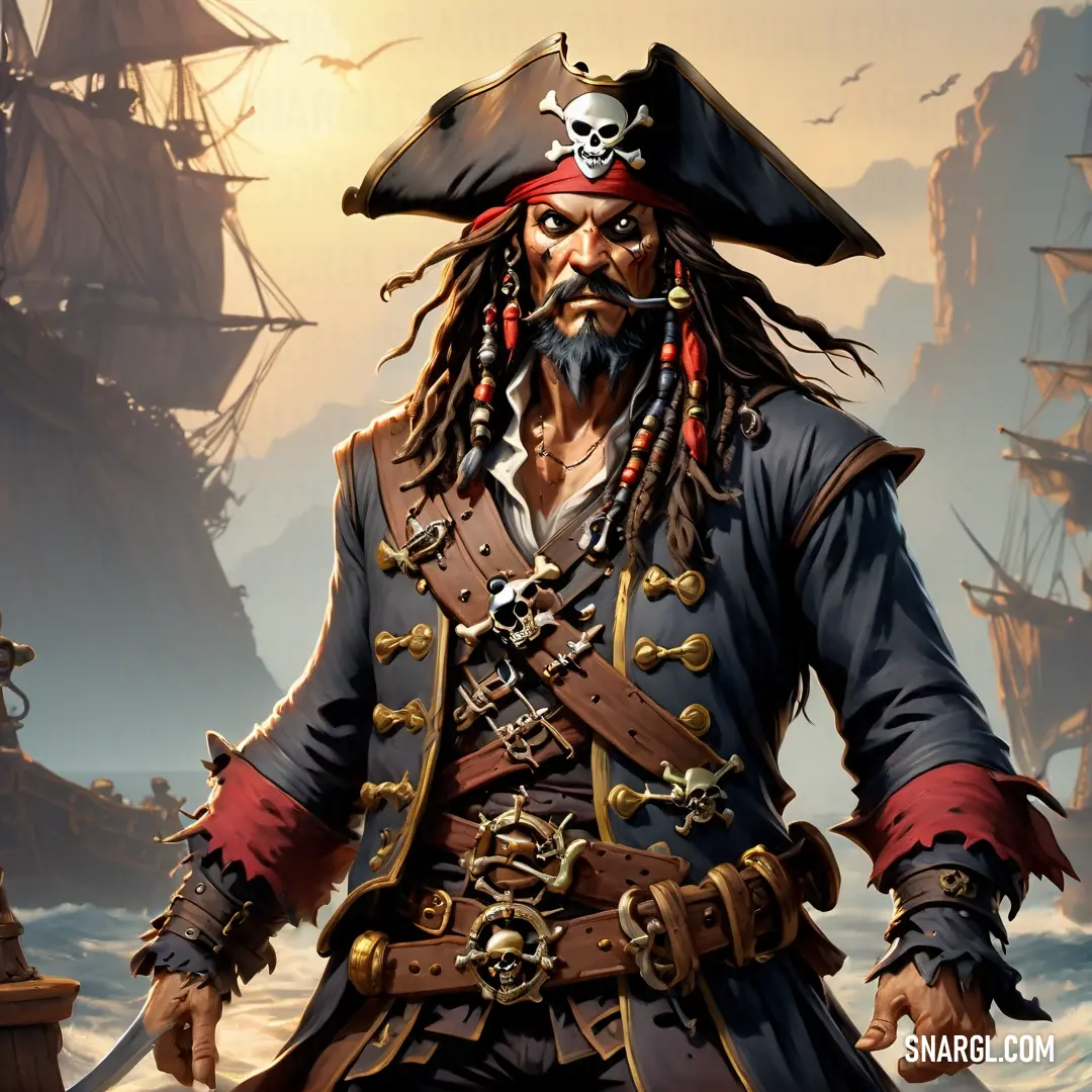 Pirate with a beard and a pirate hat on is standing in front of a ship in the ocean