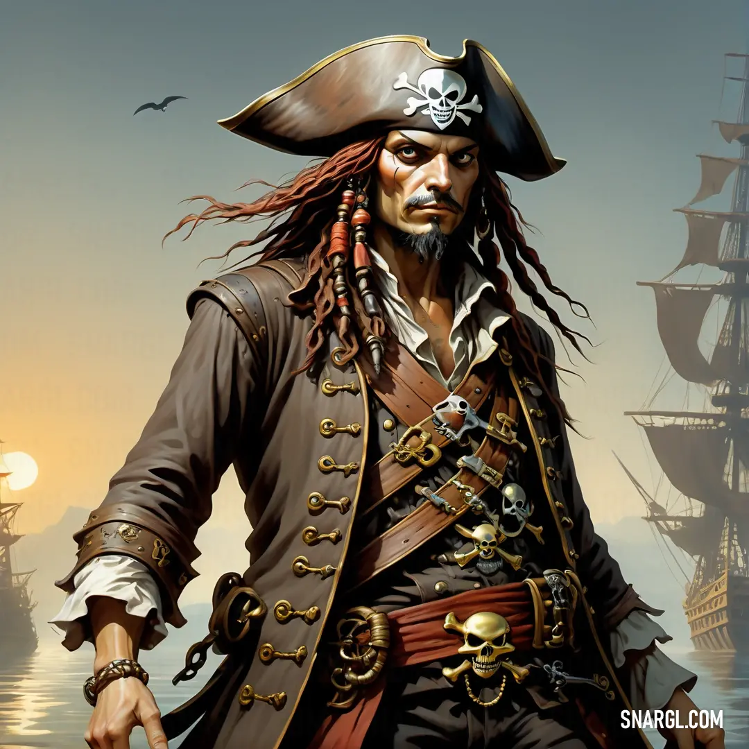 Pirate with a gun and a hat on is standing in front of a ship in the ocean with a full sail
