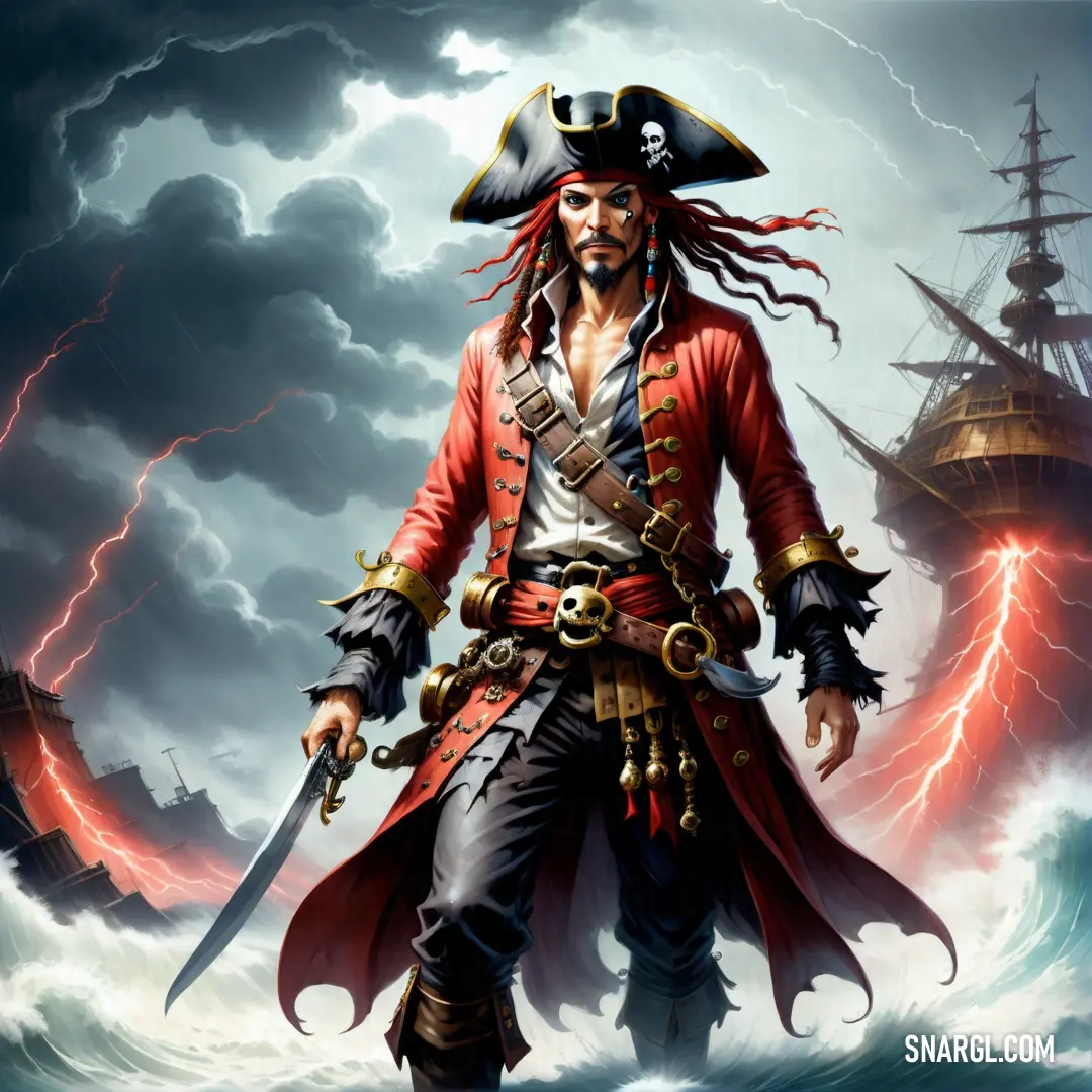 Pirate with a sword and a hat on standing in the water with a ship in the background