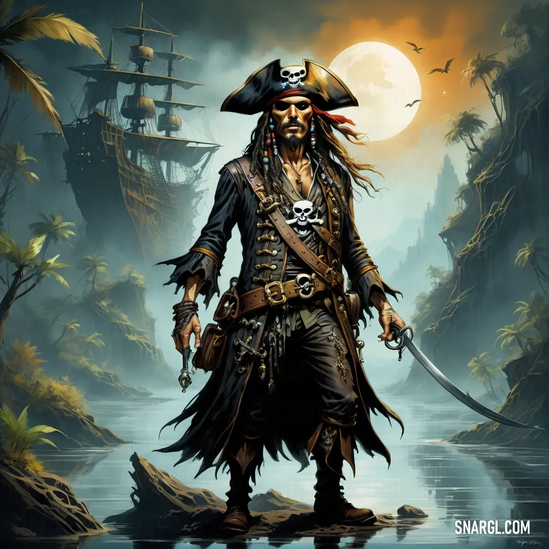 Pirate with a sword and a skull on his chest standing in a river with a full moon in the background