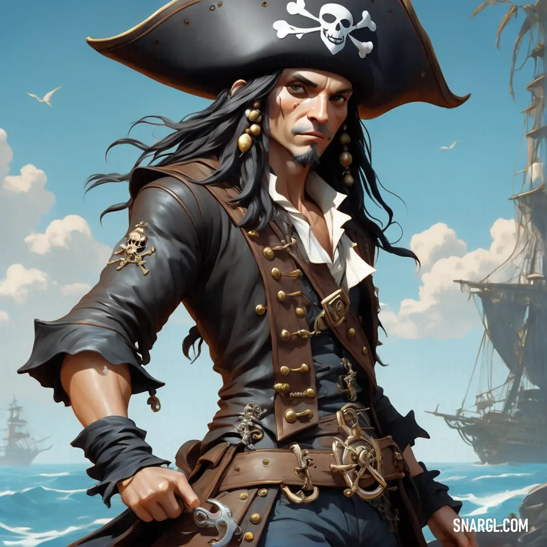 Pirate with a sword and a hat on standing in front of a ship in the ocean with a pirate's head
