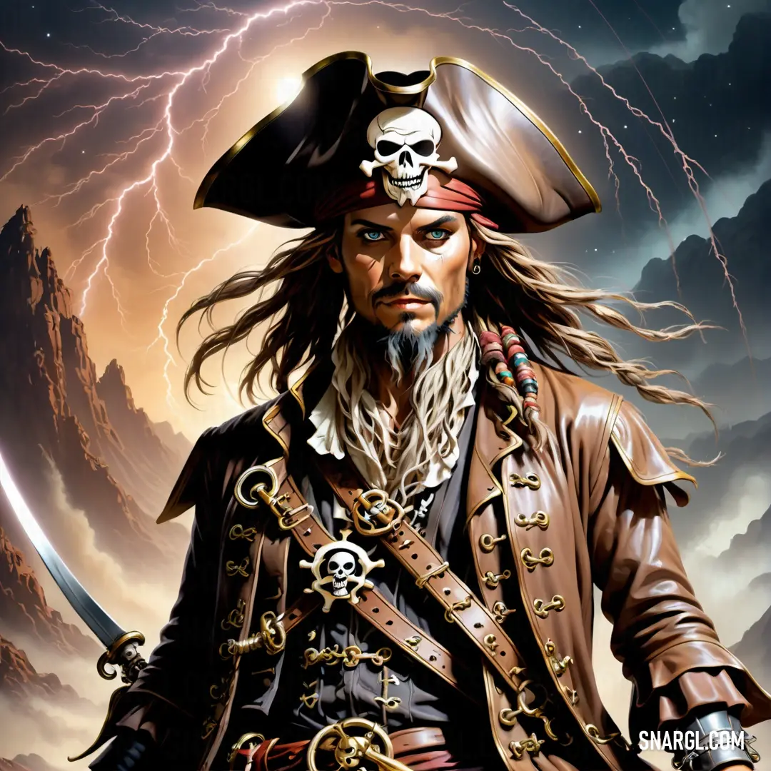 Pirate with a sword and a skull on his chest and a lightning behind him
