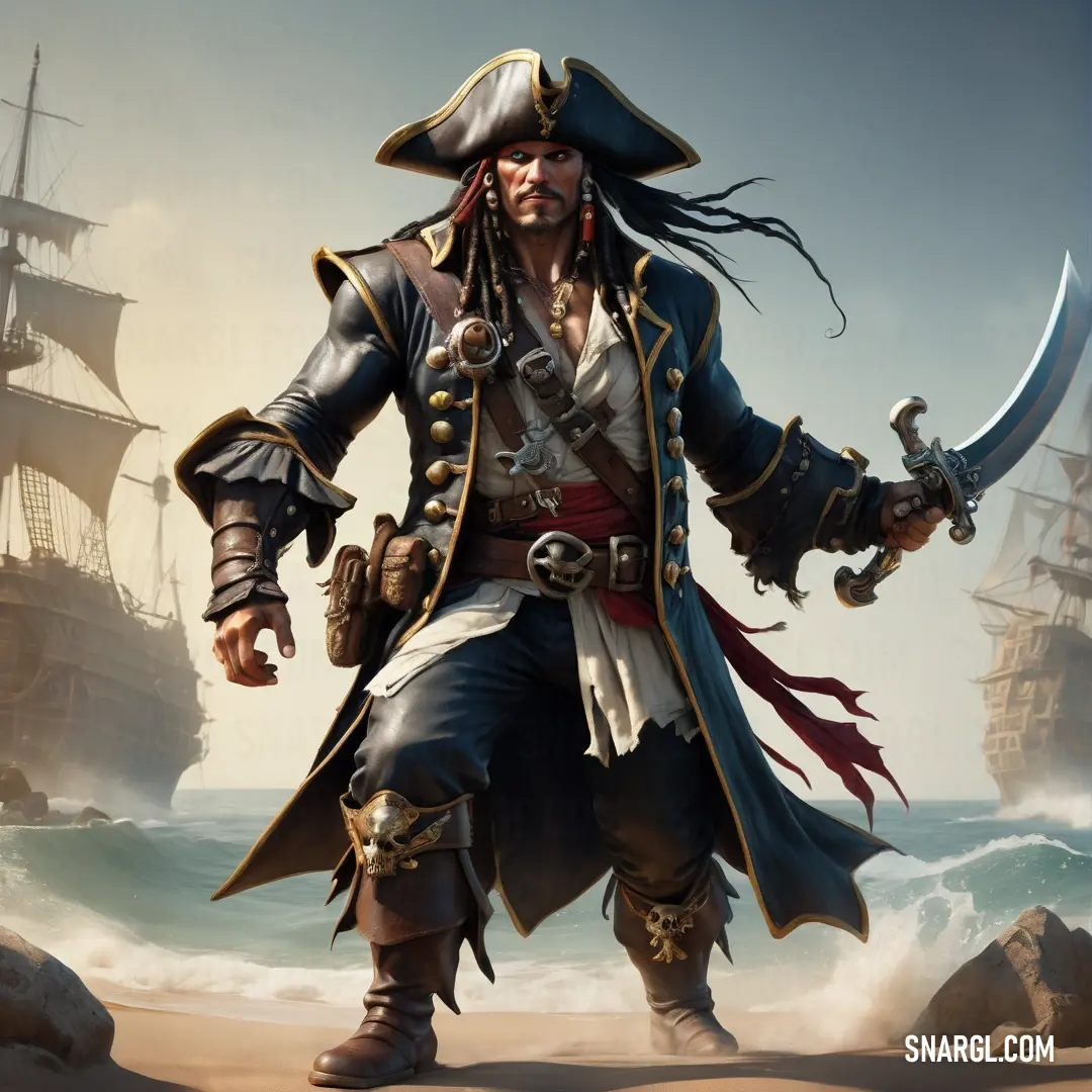 Pirate with a sword and a sword in his hand on a beach with a ship in the background
