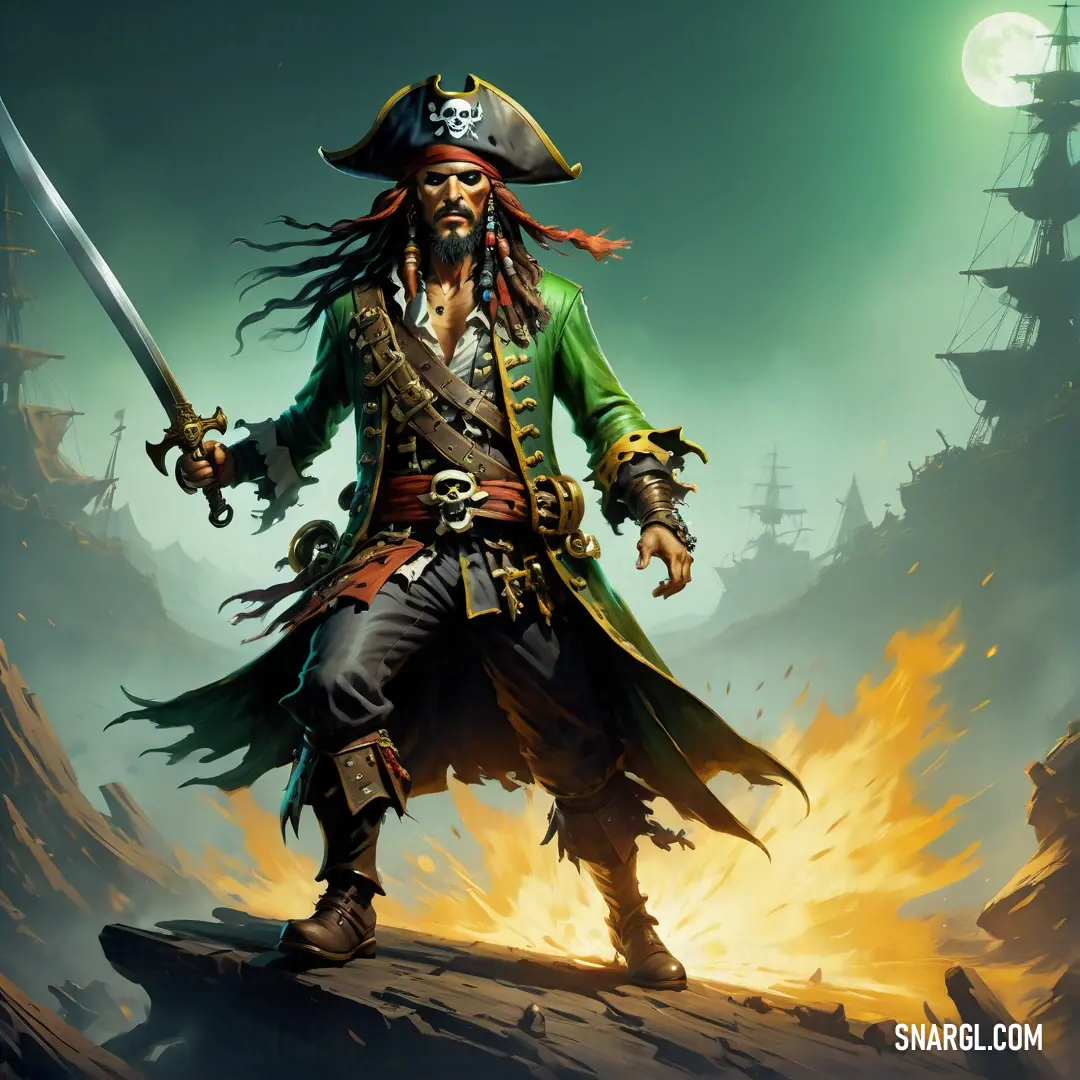 Pirate with a sword and a hat on a hill with a ship in the background