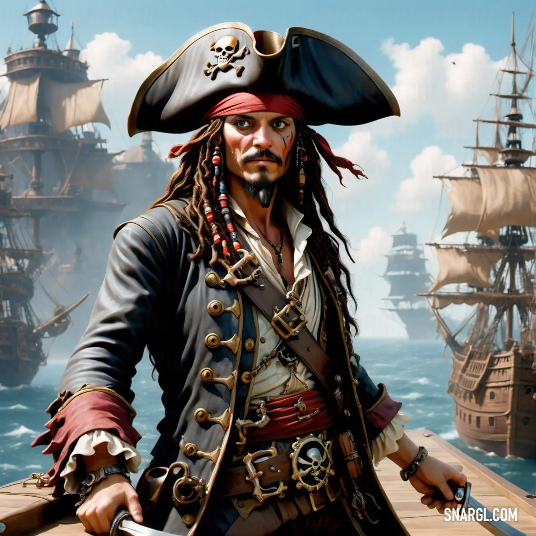 Pirate with a sword and a sword in his hand on a boat in the ocean with a pirate ship in the background