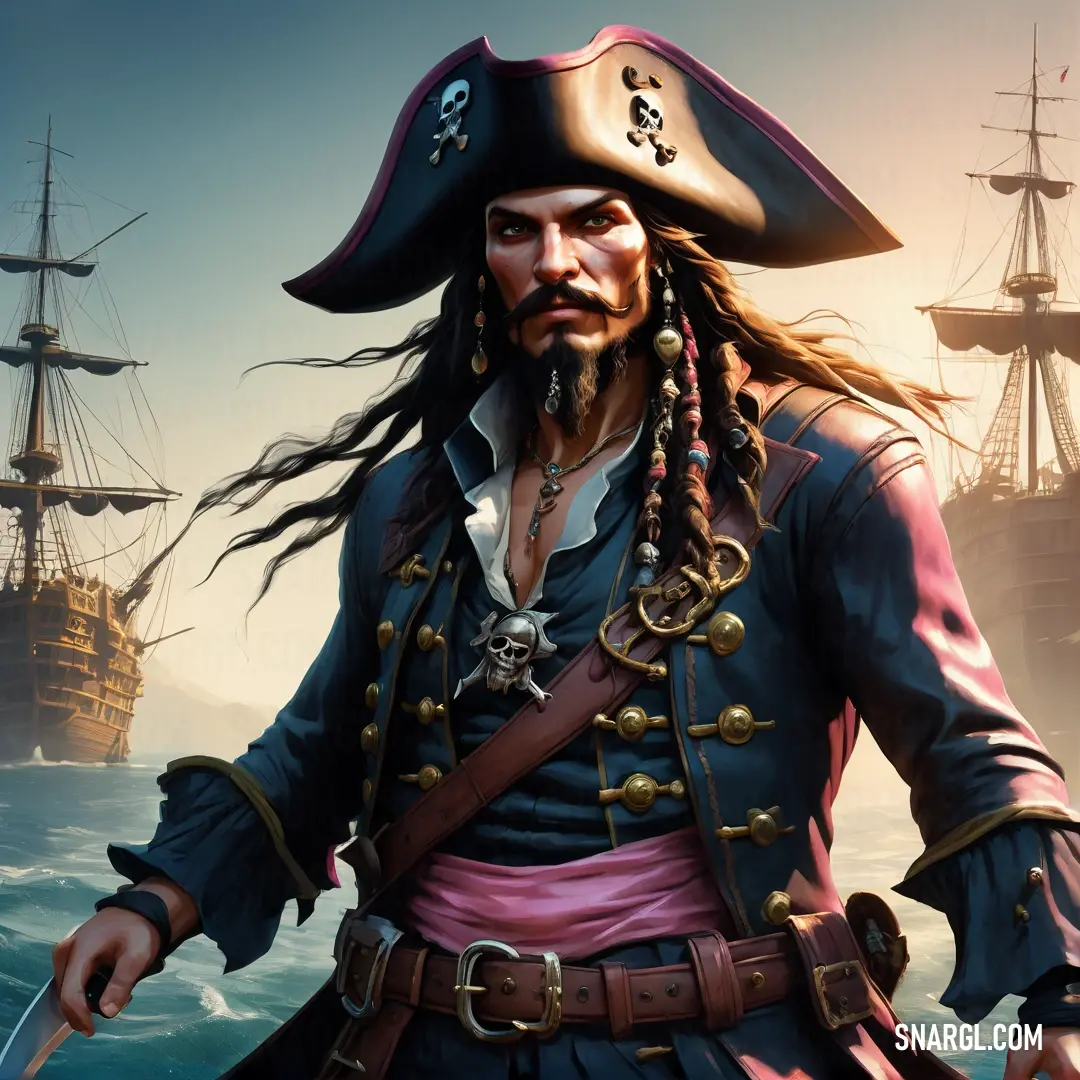 Pirate with a sword and a hat on standing in front of a ship in the ocean with a pirate's head