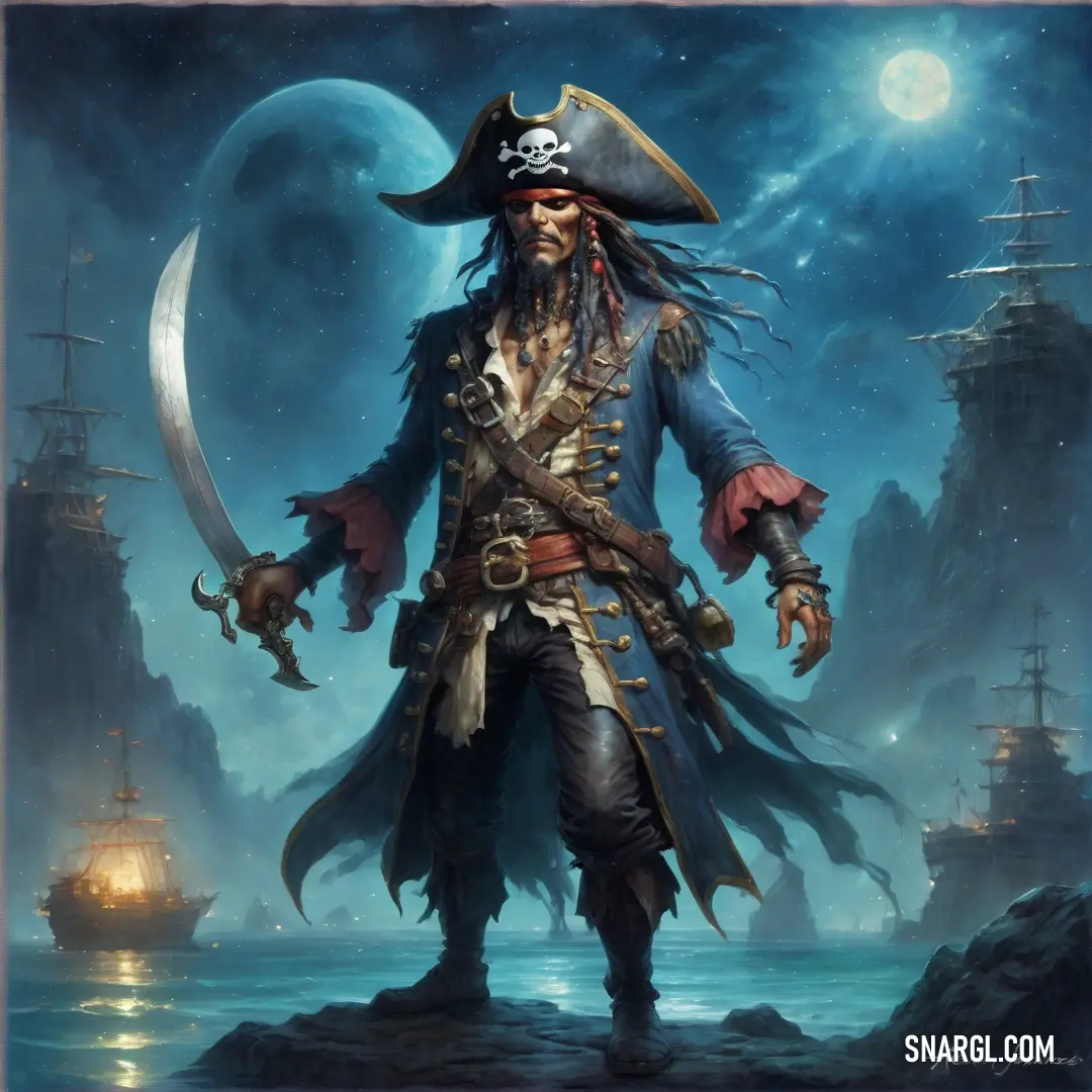 Pirate with a sword and a skull on his chest standing in front of a full moon and a ship