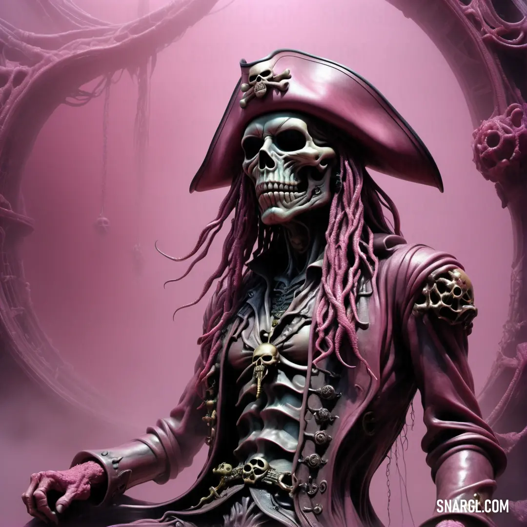 Skeleton pirate in a chair with a hat on his head and a skull on his chest