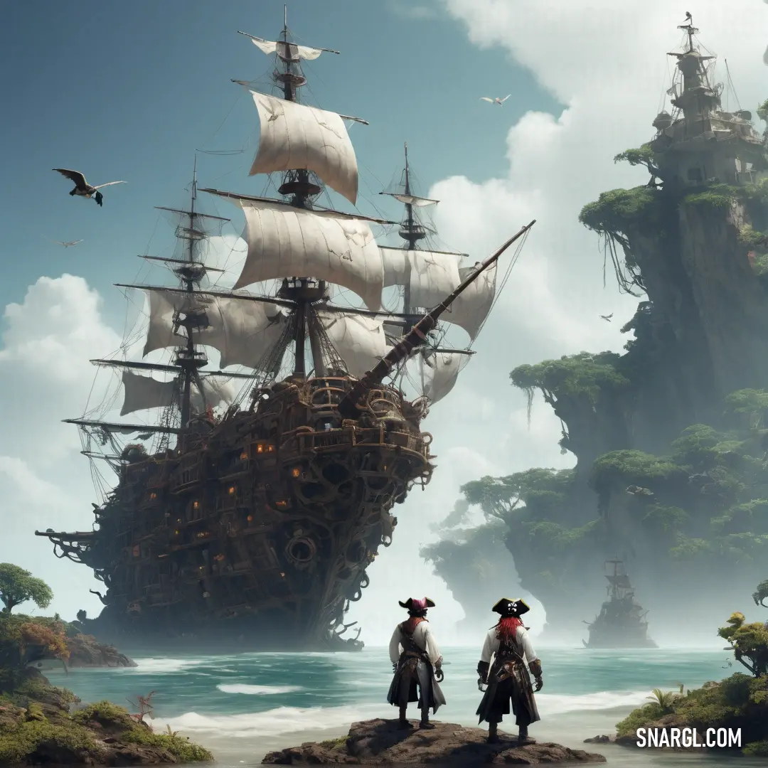 Two people standing on a rock looking at a ship in the ocean with a Pirate flying over it