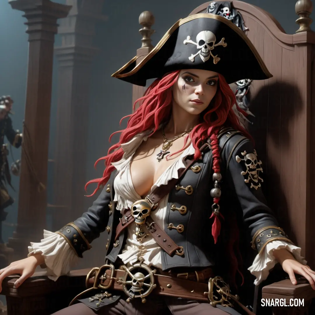 Pirate dressed in pirate clothing on a chair with a pirate hat on her head